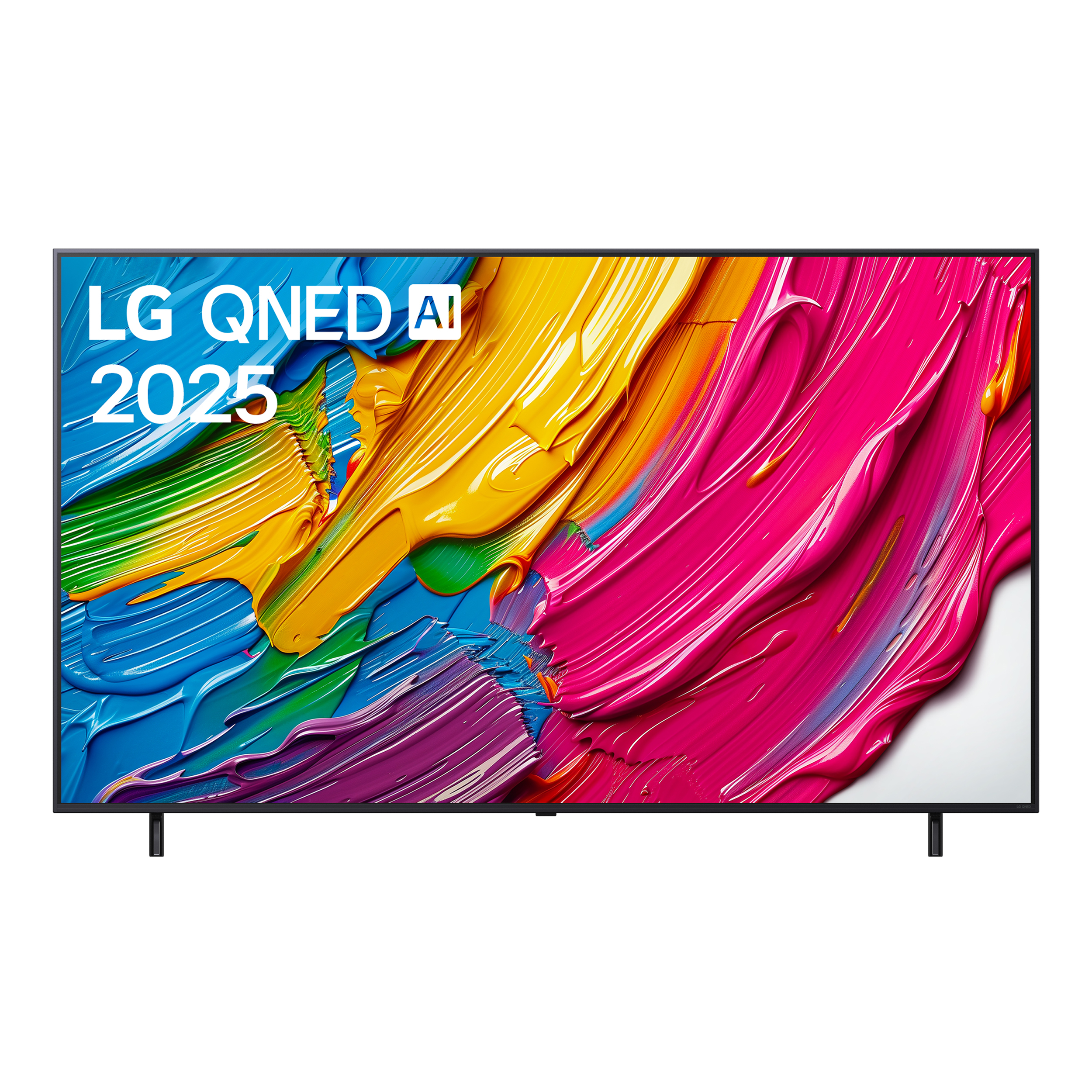 Un ampio TV LG QNED AI 2025, che mostra un dipinto astratto di più colori.