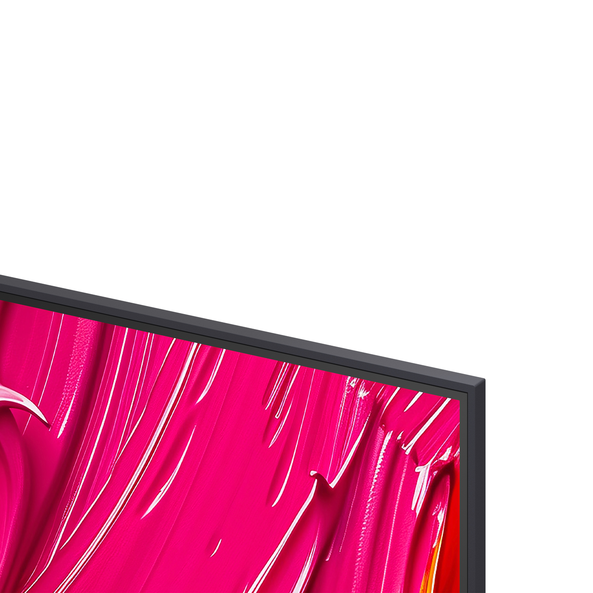 Primo piano di uno schermo TV con una vivace visualizzazione astratta di rosa e rosso.