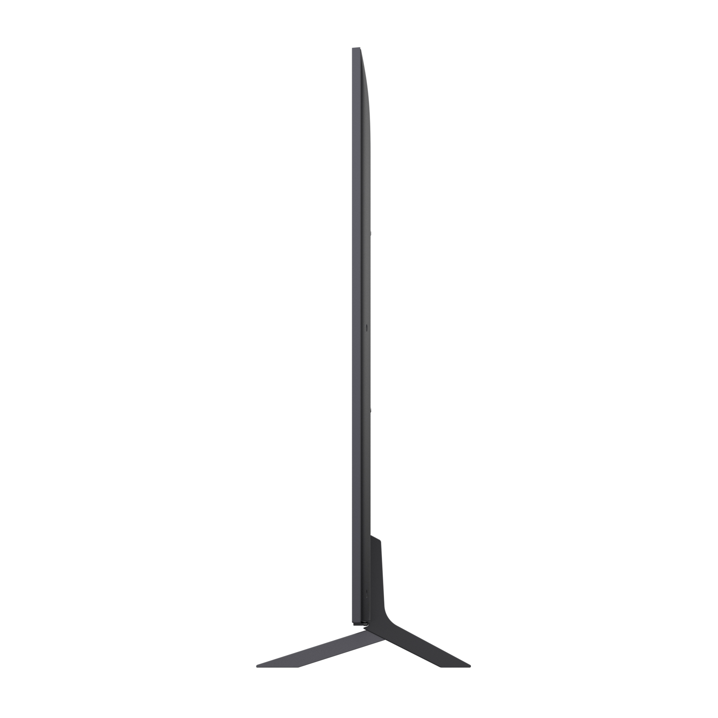 Vista laterale di una TV nera sottile su supporto. Design minimalista.