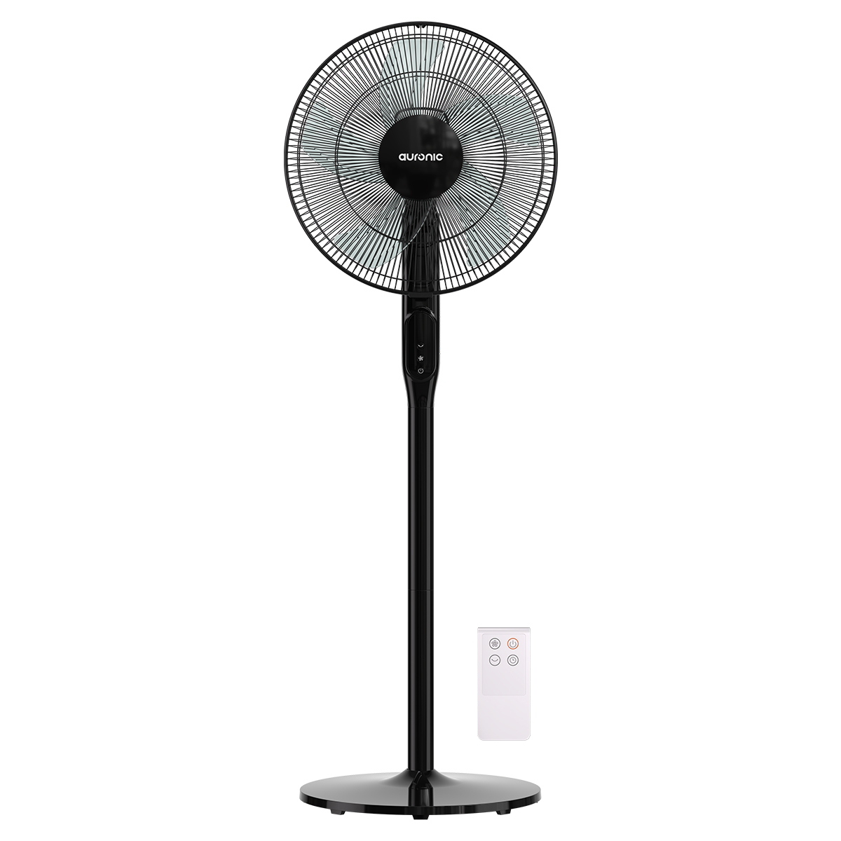 Ventilateur sur pied noir avec télécommande, sur fond blanc.