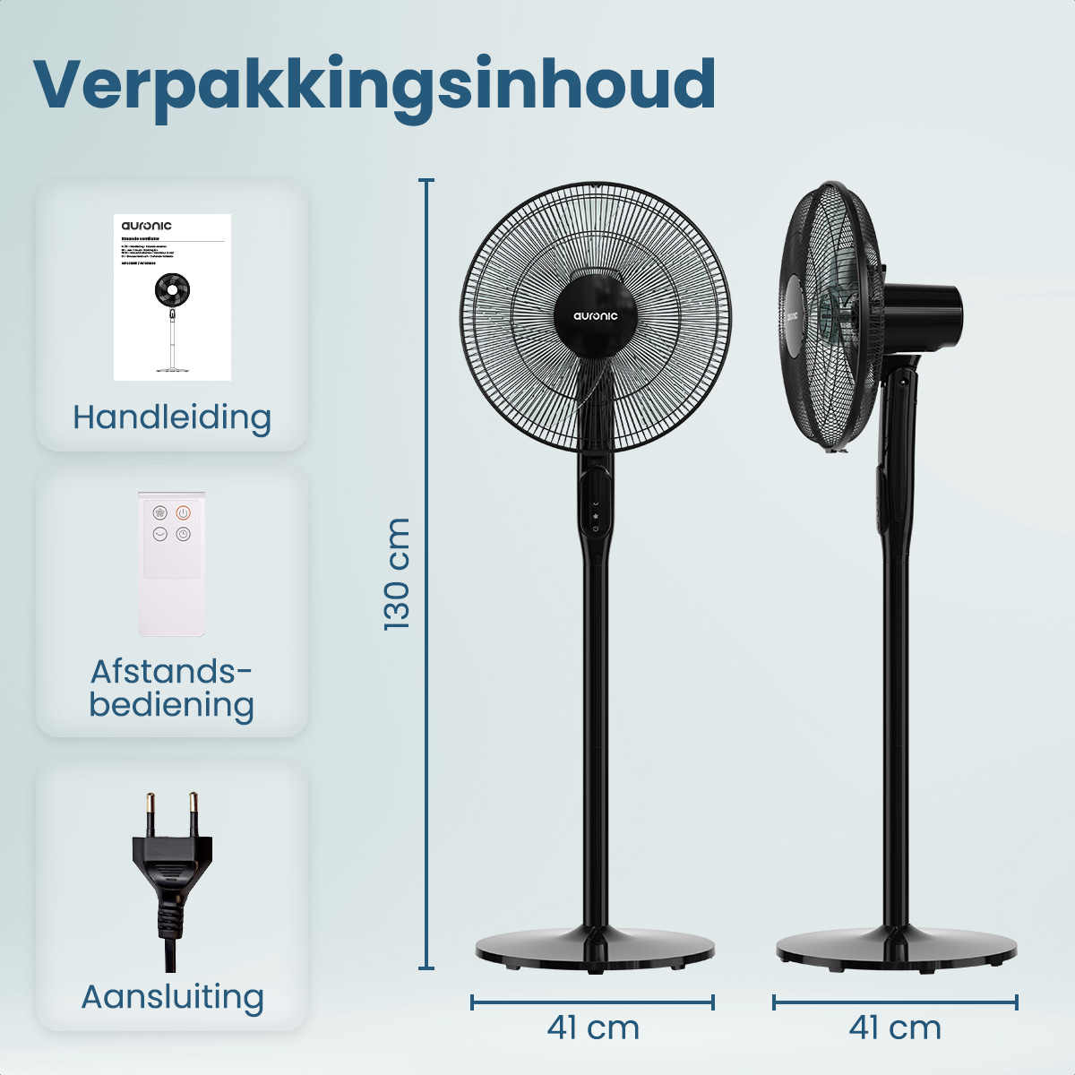 Contenu d'un colis : ventilateur, télécommande, cordon d'alimentation et manuel, avec dimensions en cm.