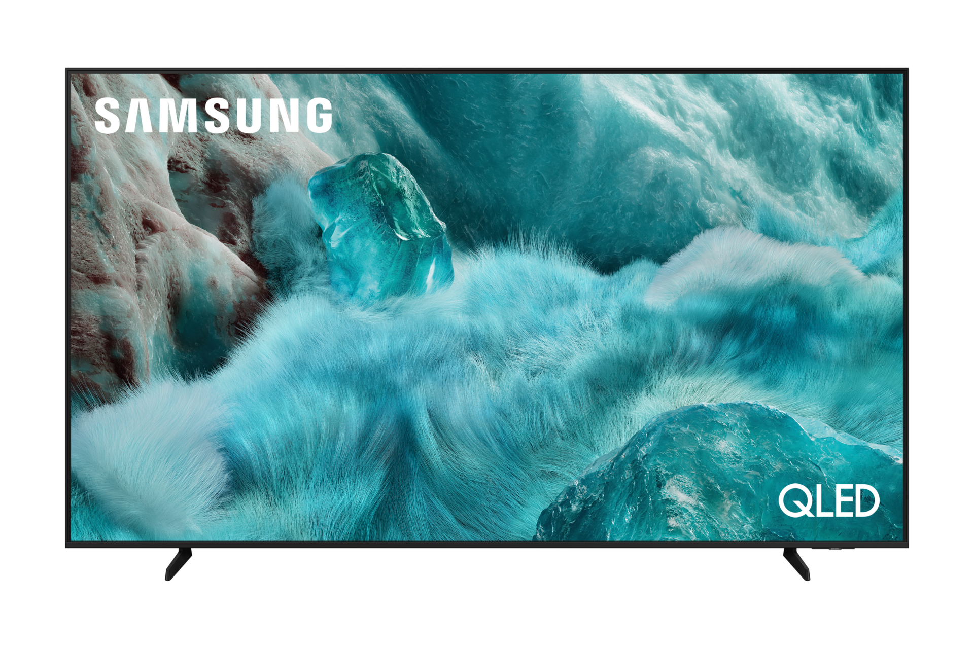 Telewizor Samsung QLED z ekranem wyświetlającym niebiesko-biały abstrakcyjny obraz.