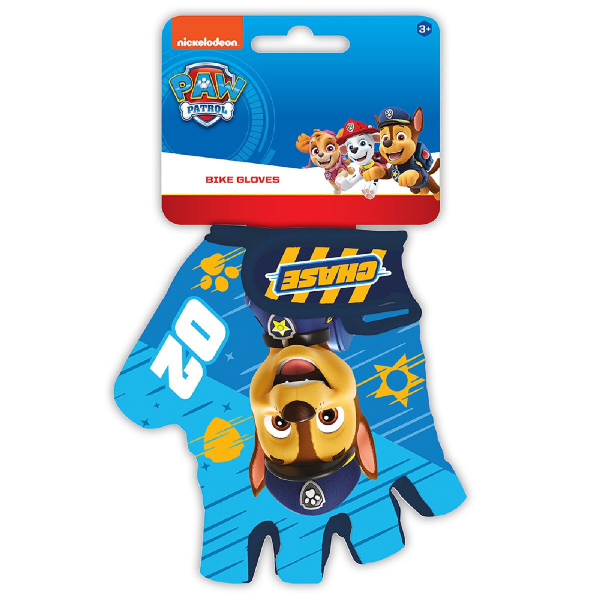 Paw Patrol Fahrradhandschuhe in Verpackung. Chases Gesicht ist auf dem Handschuh. Blaue und rote Farben.