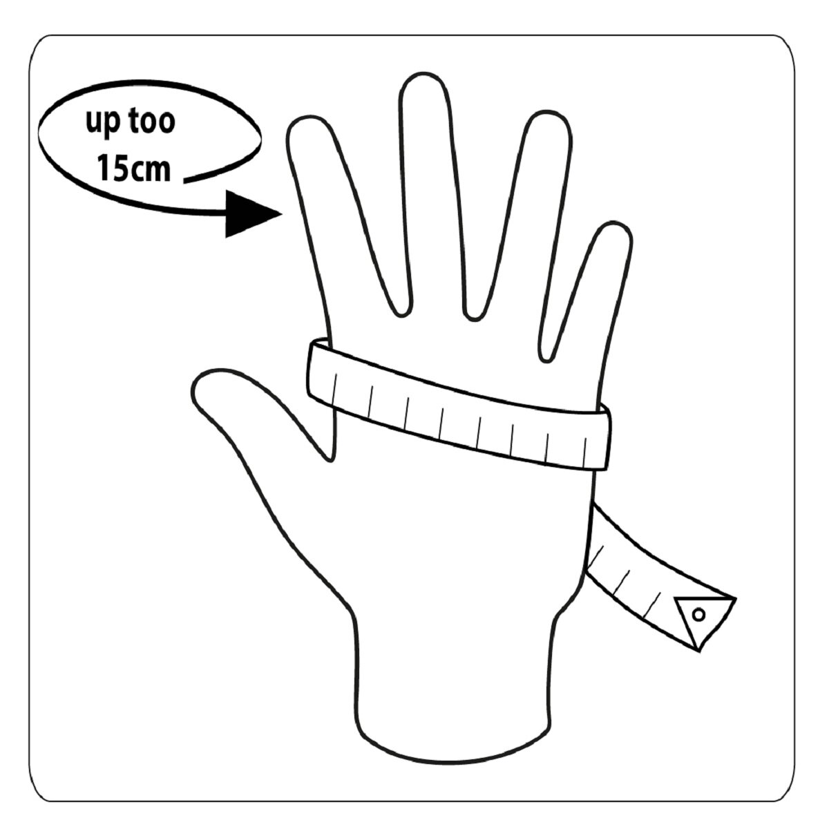 Schwarz-Weiß-Zeichnung einer Hand mit Maßband. Text sagt bis zu 15 cm.