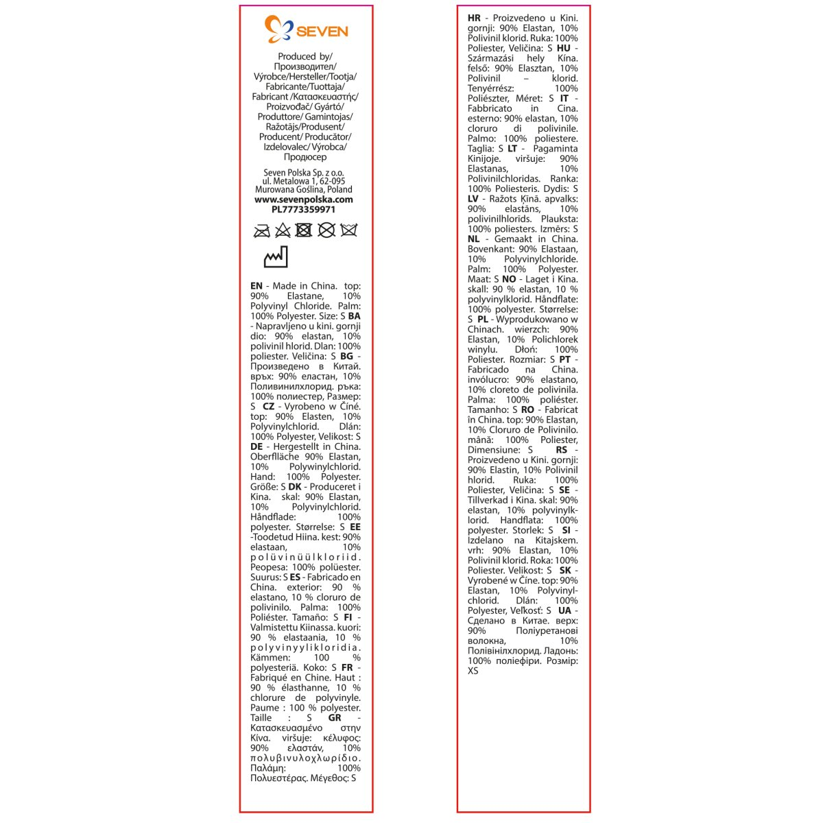 Detailliertes Produktinformationsetikett. Enthält Text in mehreren Sprachen, einschließlich Deutsch, mit Angaben zu Stoff und Pflege.