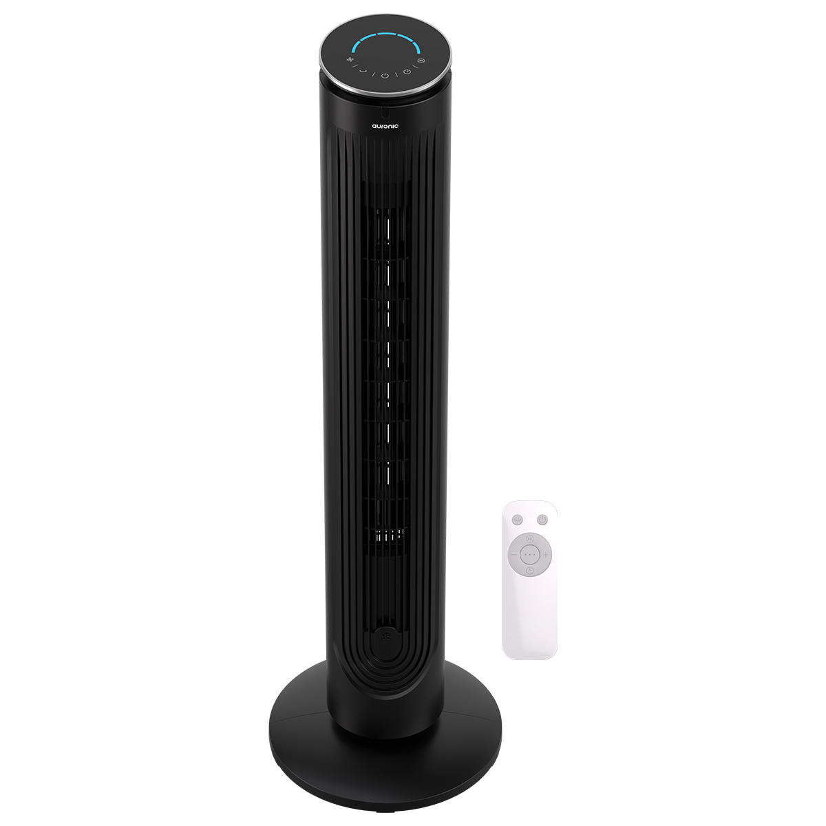 Ein schwarzer Turmventilator mit Fernbedienung. Die Oberseite hat einen blauen Lichtring.