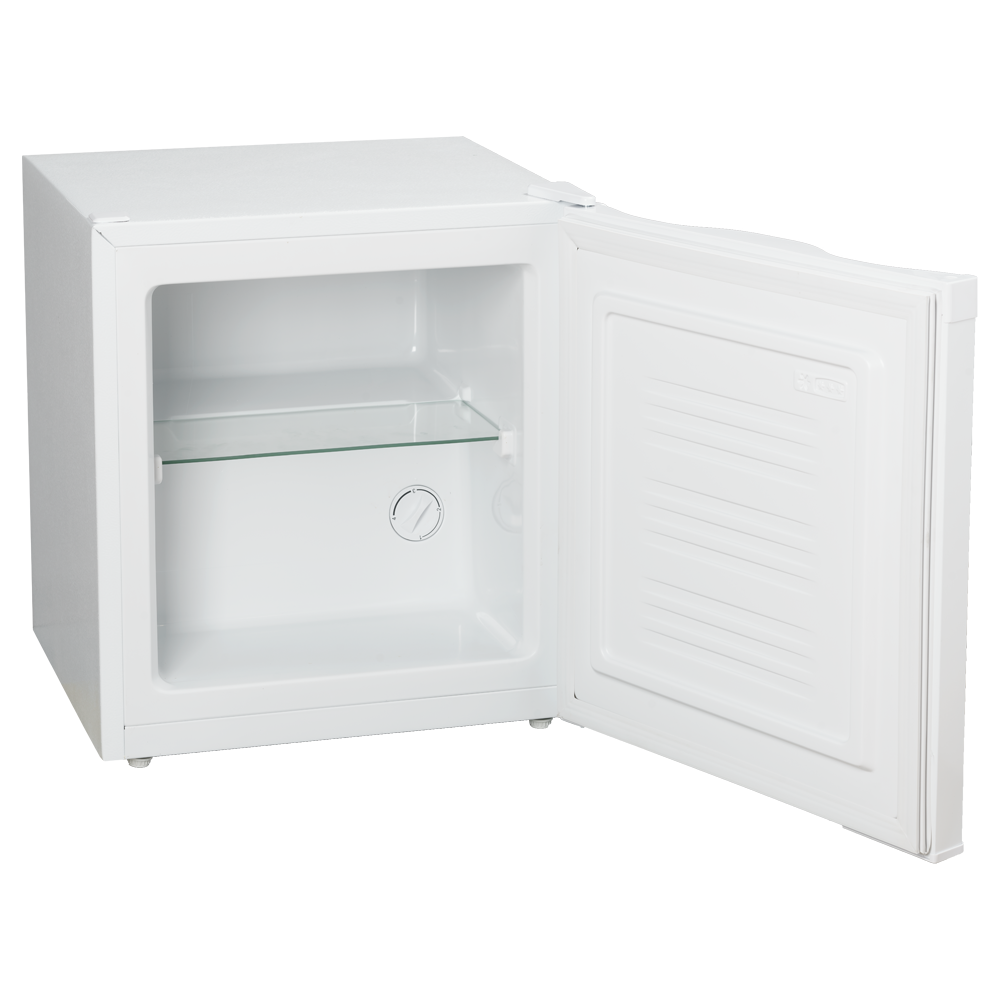 Una mini-nevera blanca con la puerta abierta, que revela un estante de vidrio.