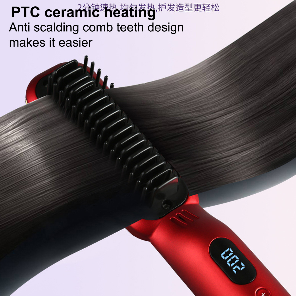 Roter Haarglätter mit schwarzem Kamm. Haare werden geglättet. Digitalanzeige.