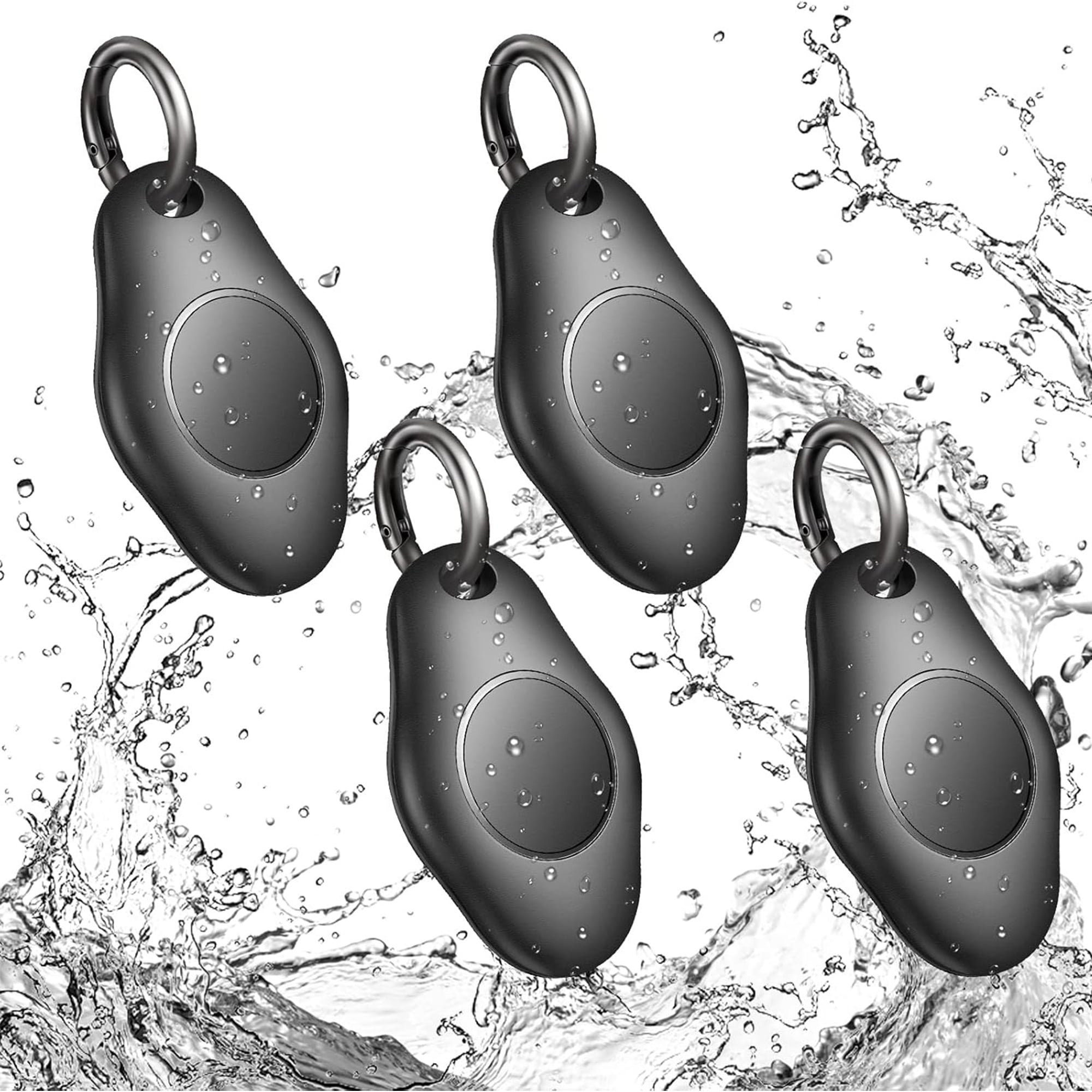 Vier schwarze Ortungsgeräte im Wasserspritzer. Weißer Hintergrund.