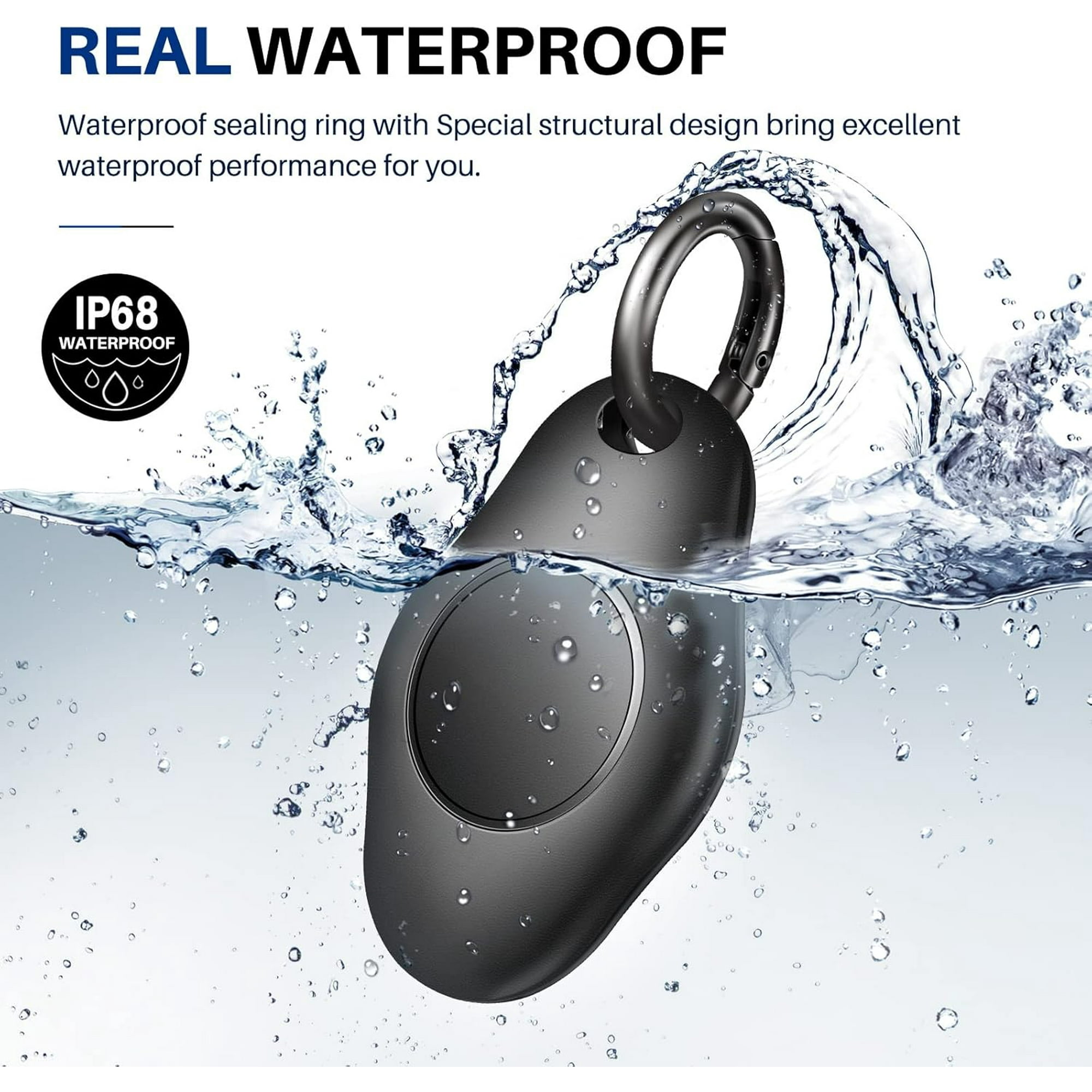 Schwarzer wasserdichter Schlüsselanhänger mit silbernem Ring im Wasser mit Spritzern und Text.