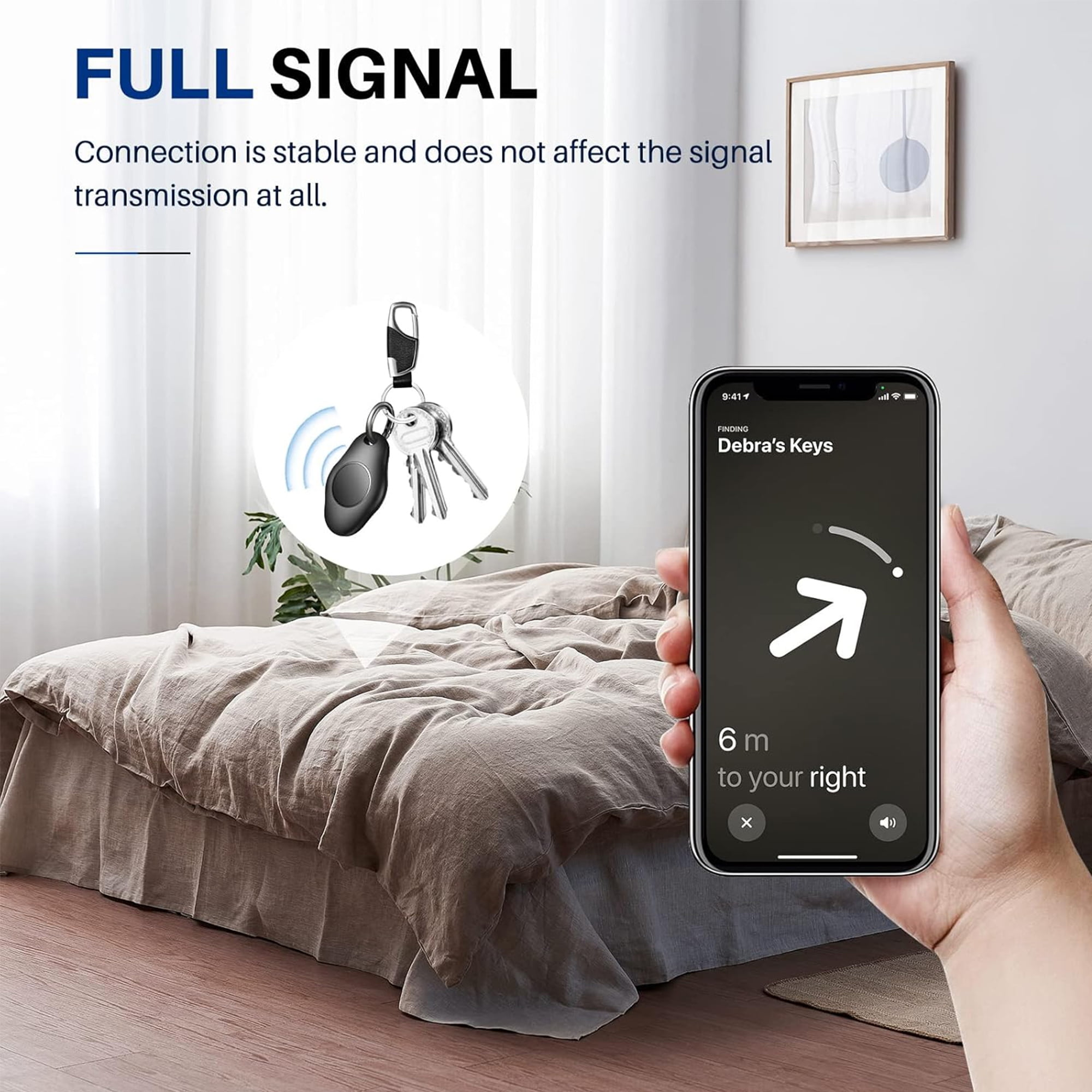 Telefon zeigt Schlüsselortung, Schlüssel, Bett und Bild an einer Wand.