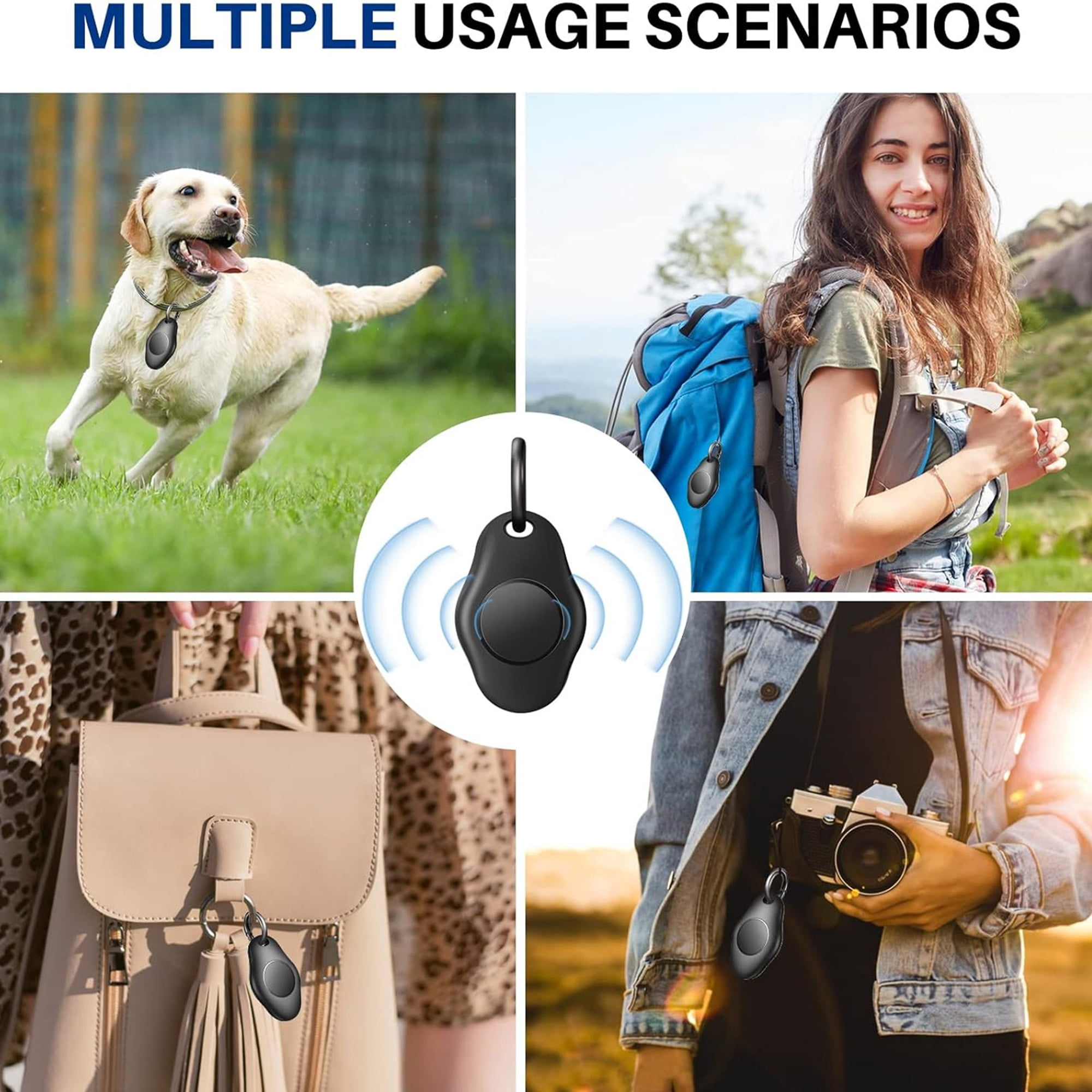 Ortungsgerät in verschiedenen Anwendungsszenarien: Hund, Wanderer, Tasche und Kamera. Weißer Hintergrund.