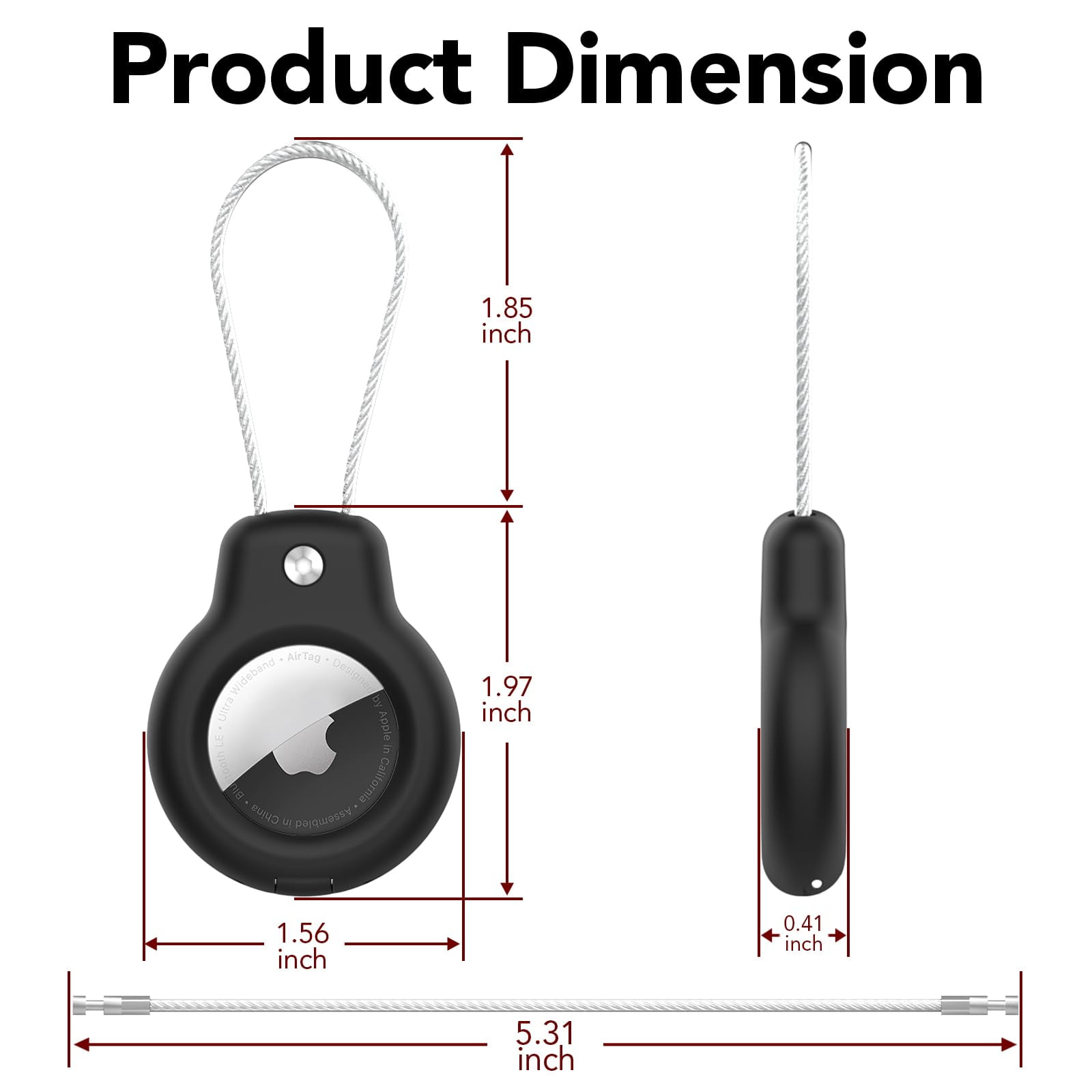 Produktabmessungen eines Apple AirTag-Halters. Schwarzer Halter, silberner Ring, mit Maßen in Zoll.