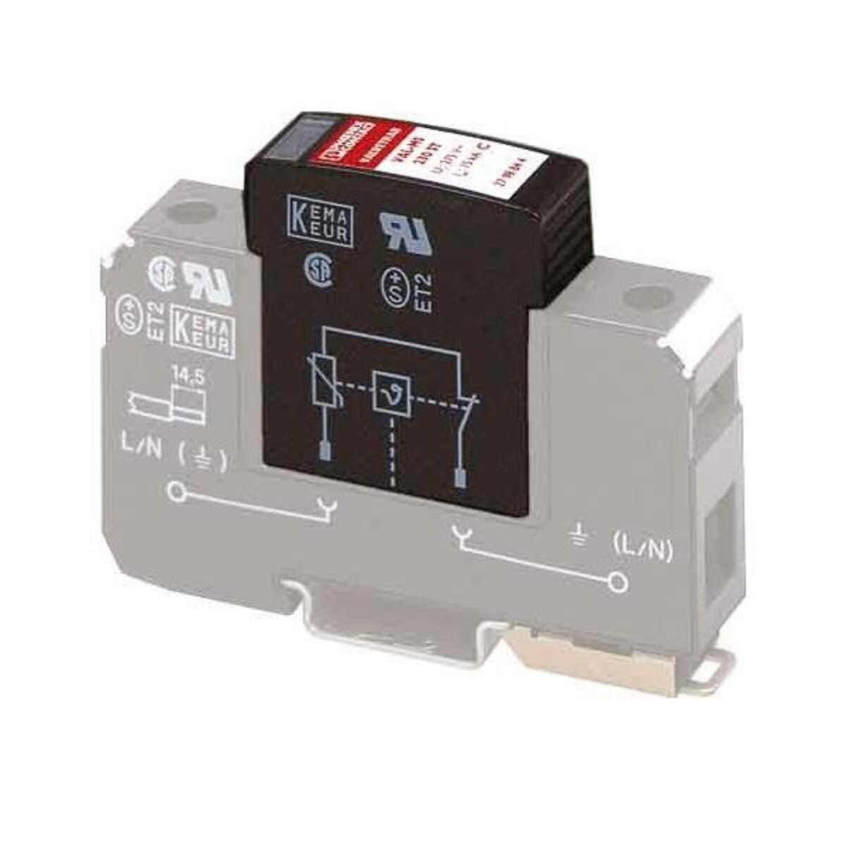 Szary moduł przekaźnika elektrycznego jest wpięty w szarą podstawę, z etykietami.