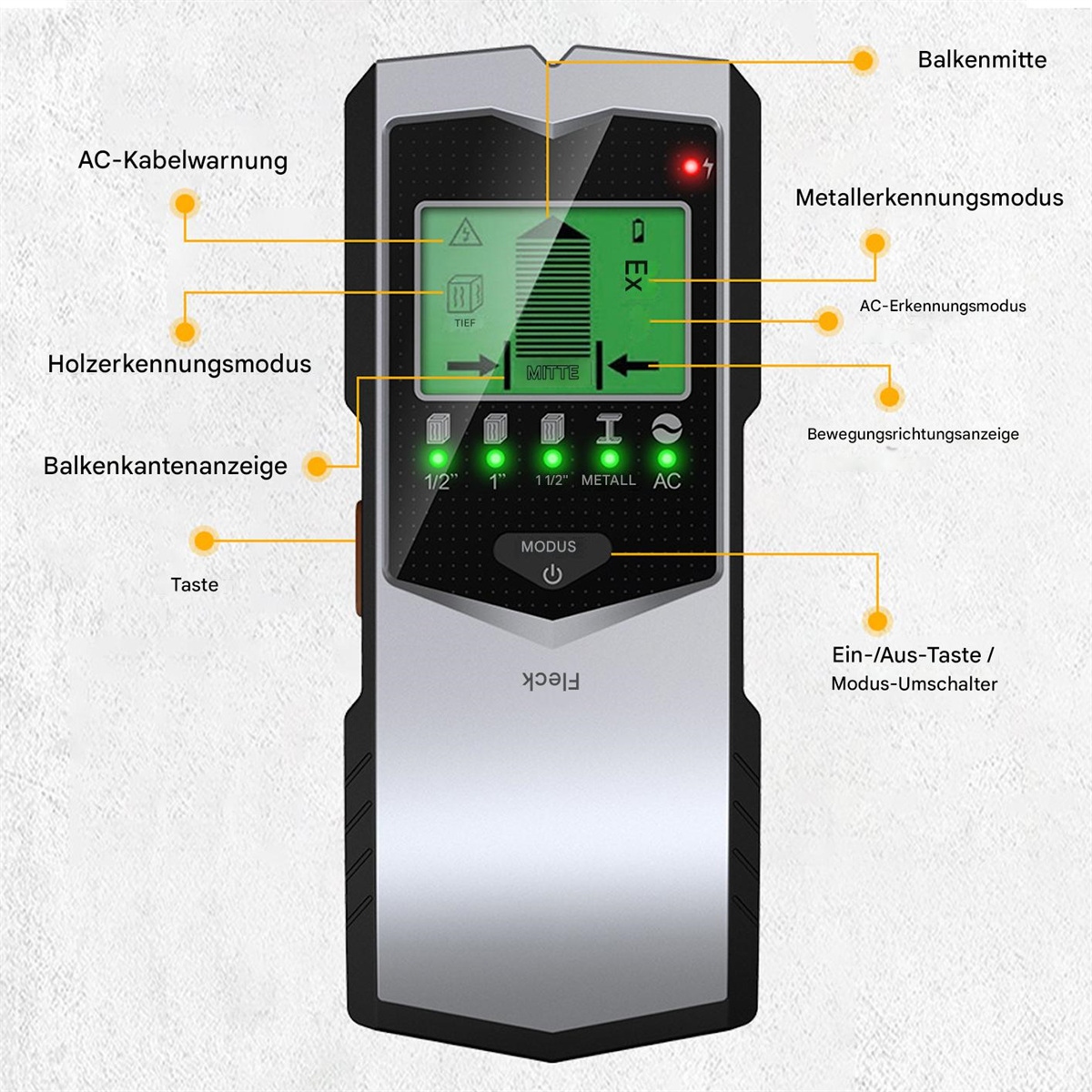Ein Wanddetektor mit verschiedenen Erkennungsmodi und digitaler Anzeige, in Silber und Schwarz.