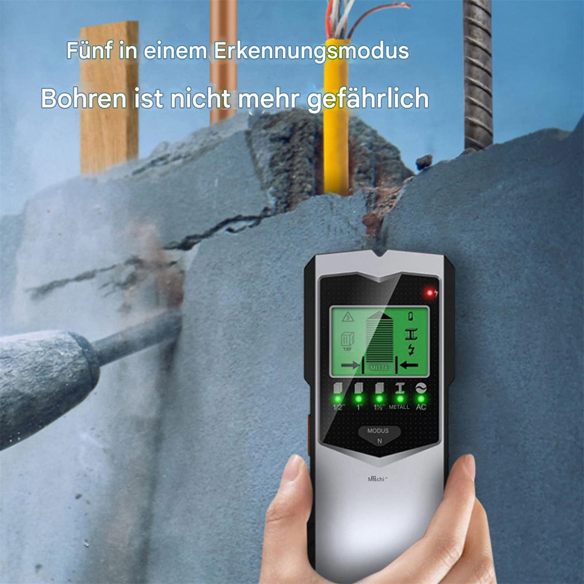Hand hält einen Wandscanner an einer Wand, Werkzeug zur Objekterkennung.