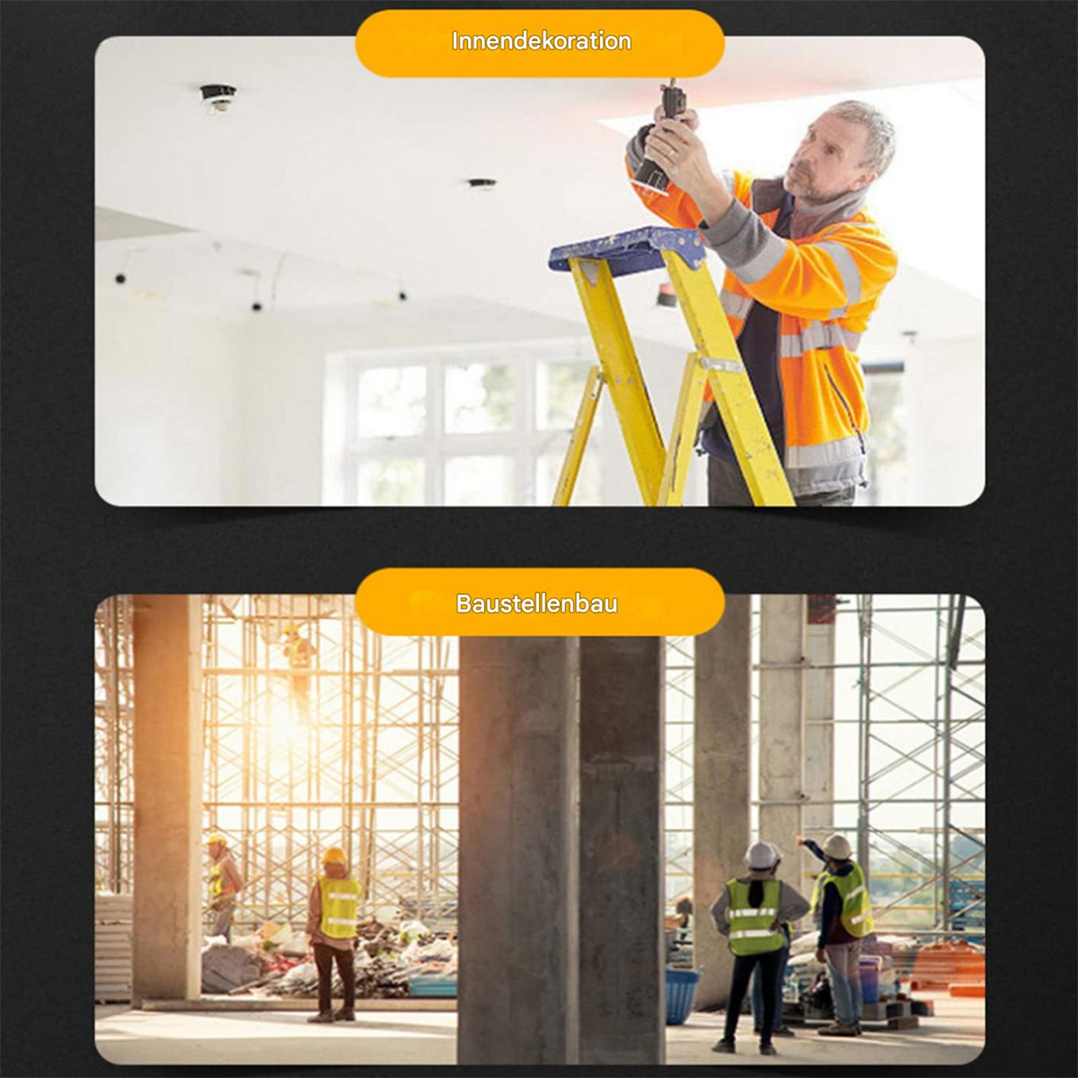 Zwei Bilder: Ein Mann auf einer Leiter installiert ein Licht und Bauarbeiter auf einer Baustelle.