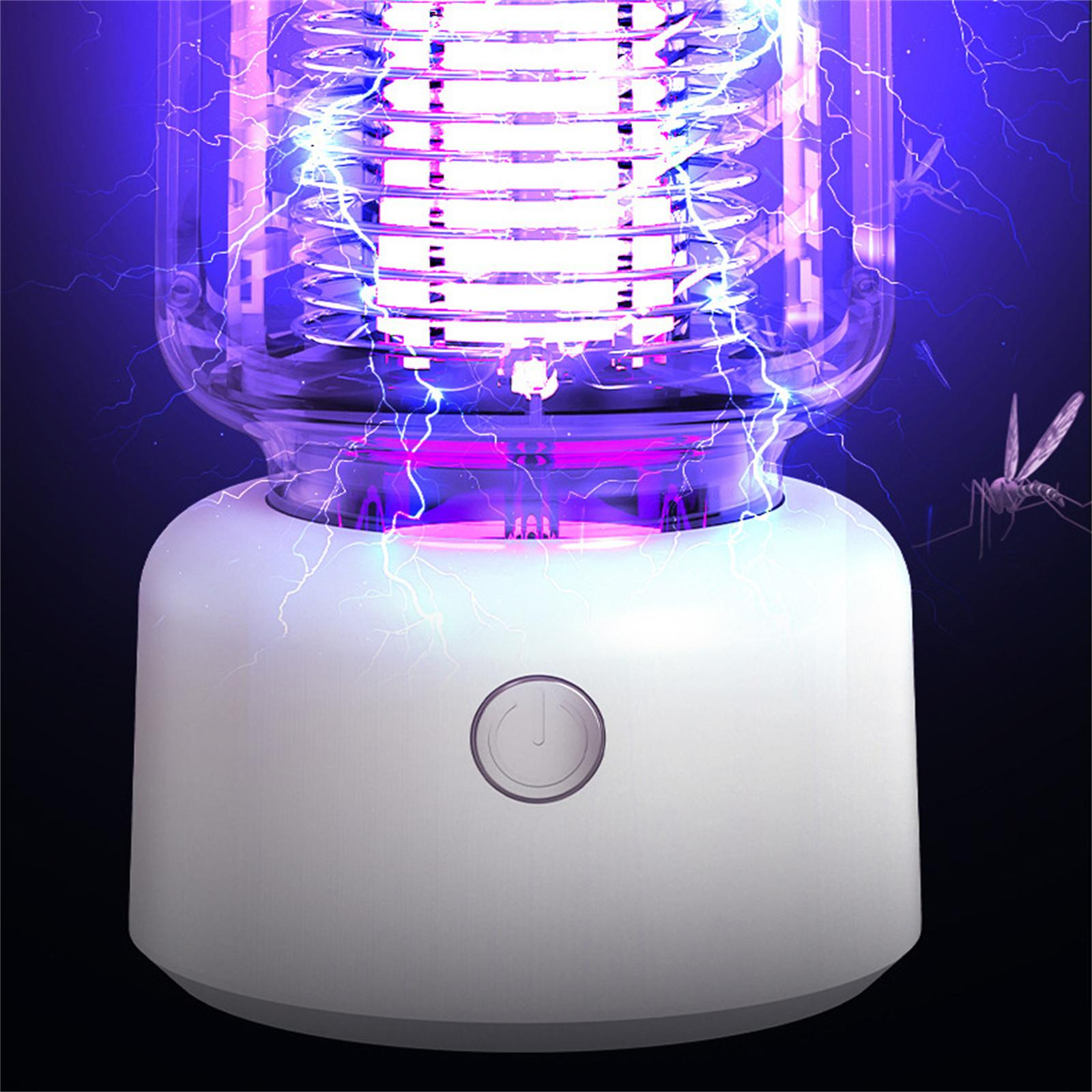 Ein elektrischer Mückentöter. Es hat einen weißen Sockel und emittiert violettes Licht.