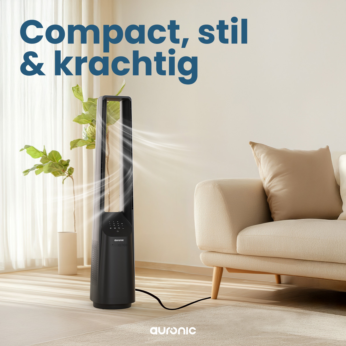 Schwarzer Turmventilator in einem Wohnzimmer. Text sagt: 'Kompakt, stilvoll & leistungsstark'.