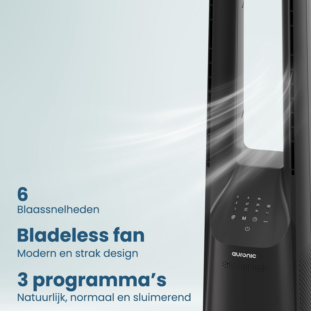 Ein schwarzer, blattloser Ventilator mit Text über 6 Geschwindigkeiten und 3 Programme.