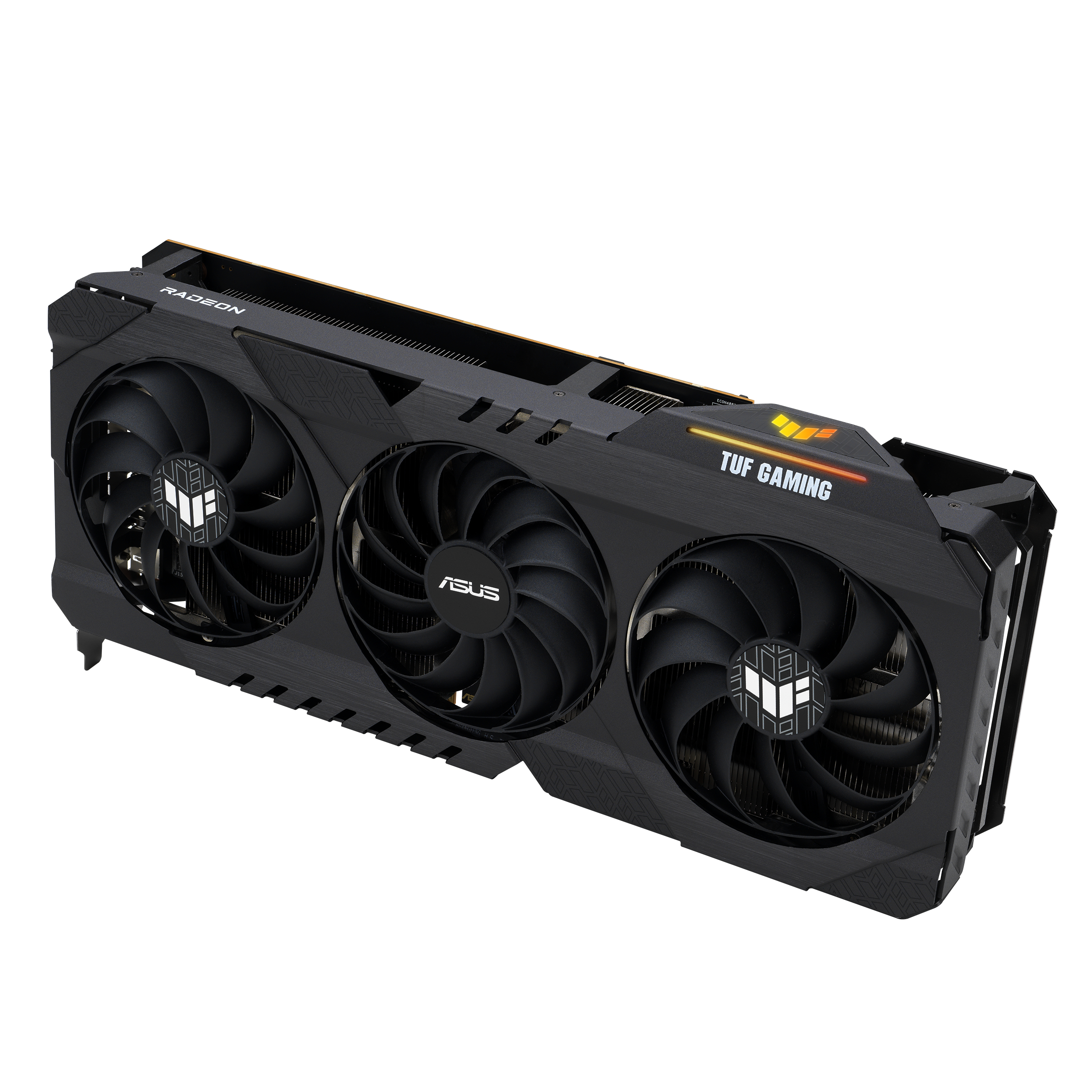 Eine schwarze und graue Asus TUF Gaming Grafikkarte mit drei Lüftern.
