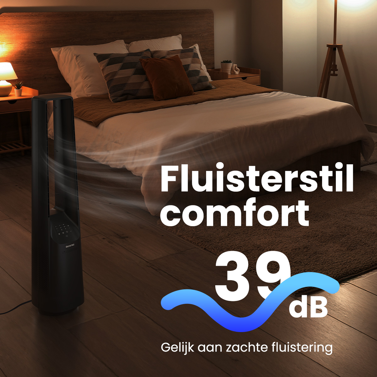 Ein schwarzer Turmventilator neben einem Bett. Text sagt 'flüsterleiser Komfort' und '39 dB'.