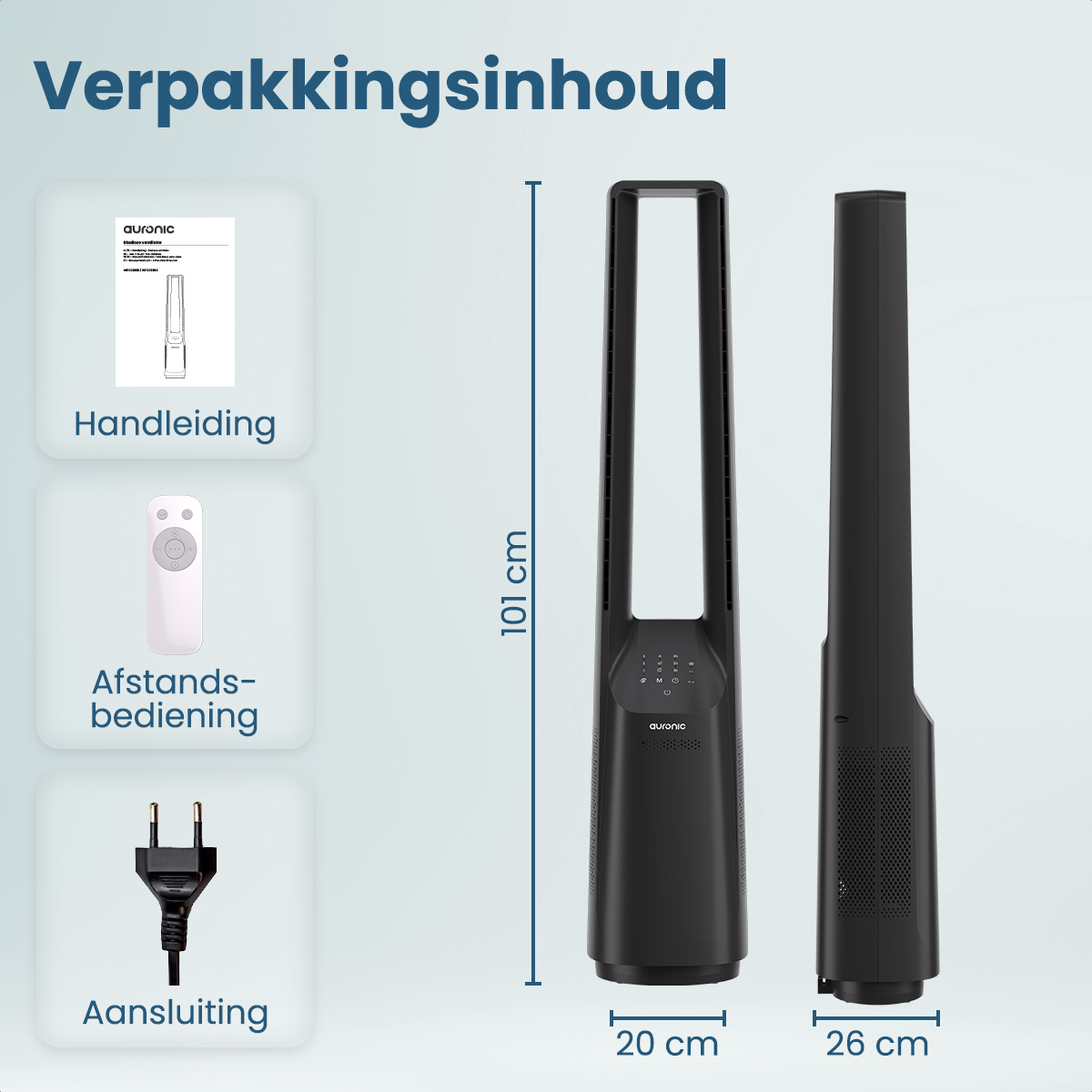 Ein Diagramm, das den Inhalt eines Pakets zeigt, einschließlich Lüfter, Fernbedienung und Stecker.