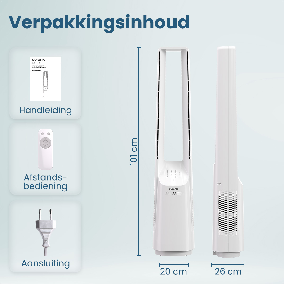 Weiße Lüfterkomponenten: Handbuch, Fernbedienung und Stecker, mit Abmessungen.