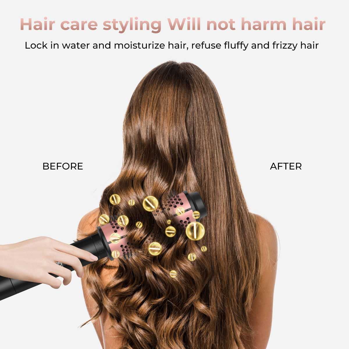 Haare einer Frau werden mit einer Bürste gestylt, davor und danach, mit Fokus auf Pflege.
