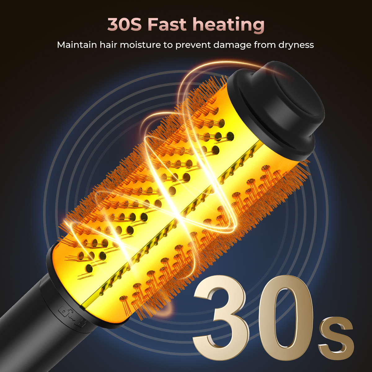 Eine Haarbürste mit gelbem Heizelement und dem Text "30S Fast heating" mit einem 30s Timer.