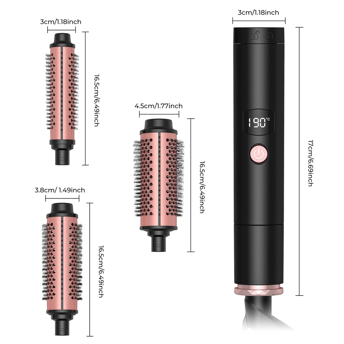 Haarstyler mit Aufsätzen und Maßen. Schwarz und Roségold.