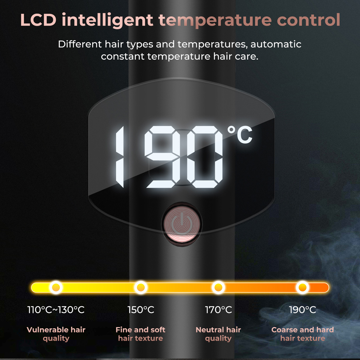LCD-Anzeige mit Temperatureinstellungen für eine Haarbürste.