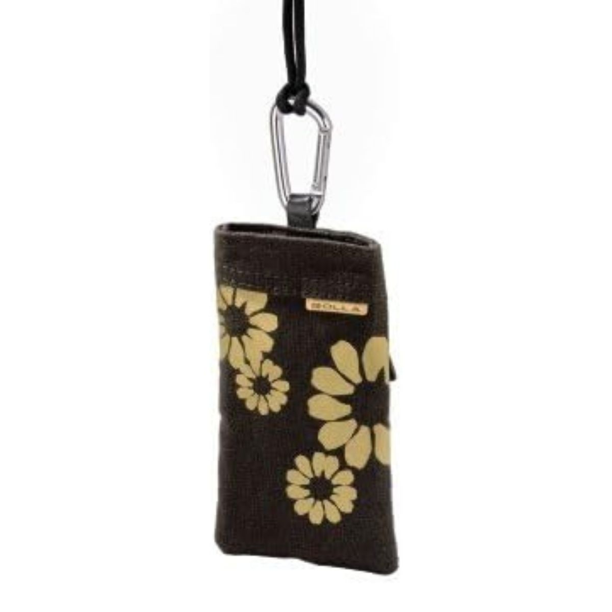 Eine braune Handytasche mit gelben Blumendetails und einem silbernen Karabinerhaken, der an einer schwarzen Kordel hängt.