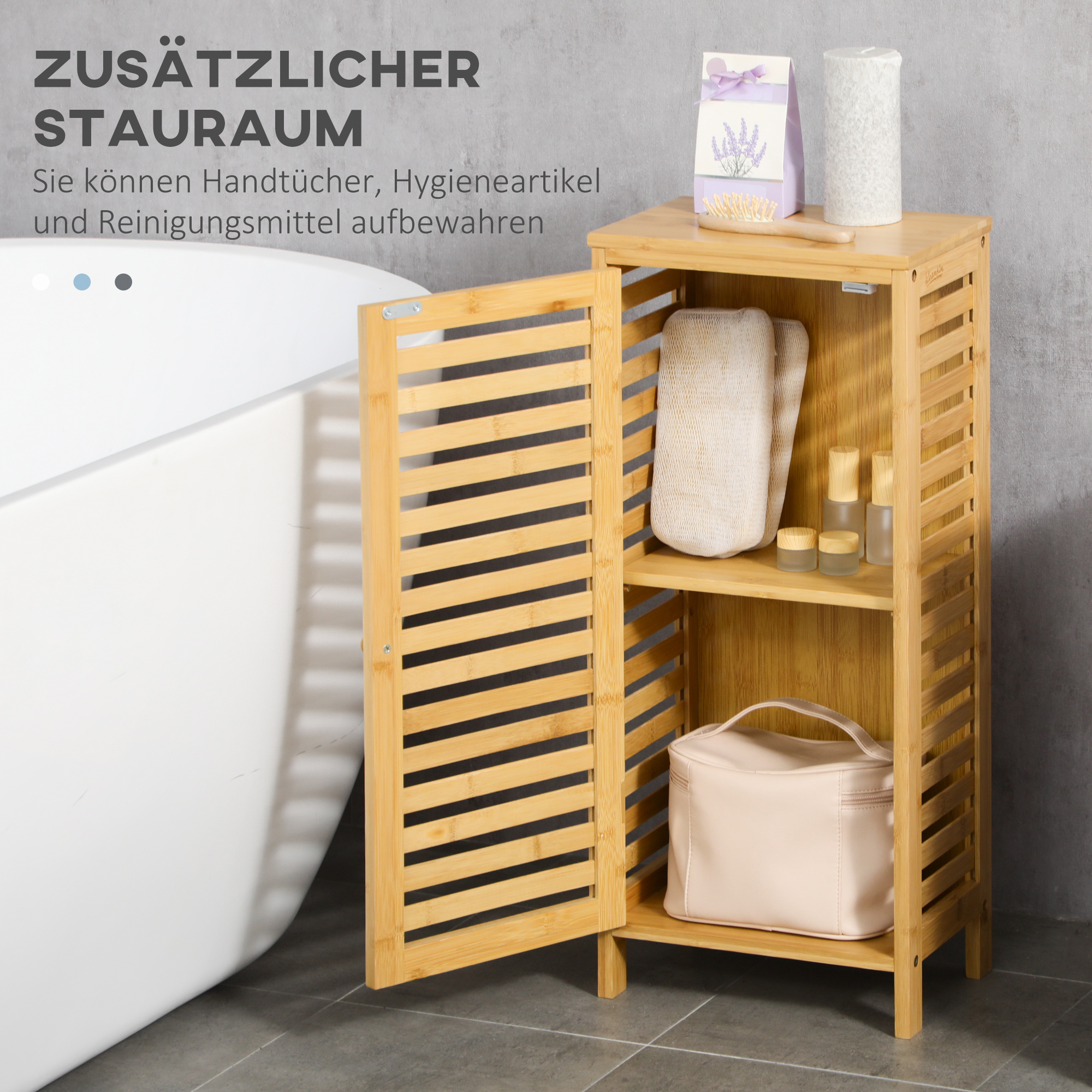 Badezimmerschrank aus Holz mit offener Tür, die Regale mit Handtüchern, Flaschen und einer rosa Kosmetiktasche zeigt.