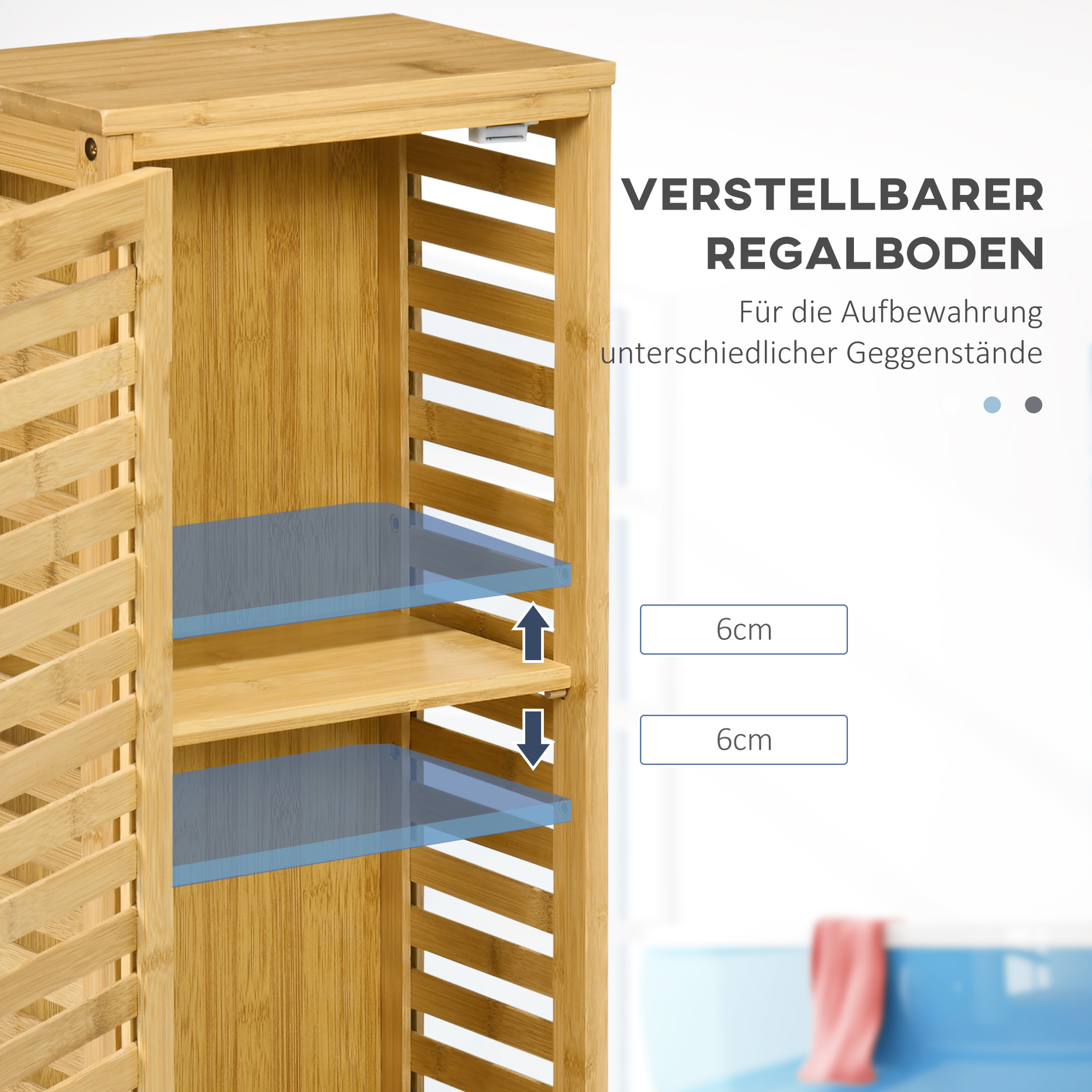 Nahaufnahme der Regaleinstellungen des Badezimmerschranks aus Holz, mit Pfeilen, die die Regalbewegung anzeigen.