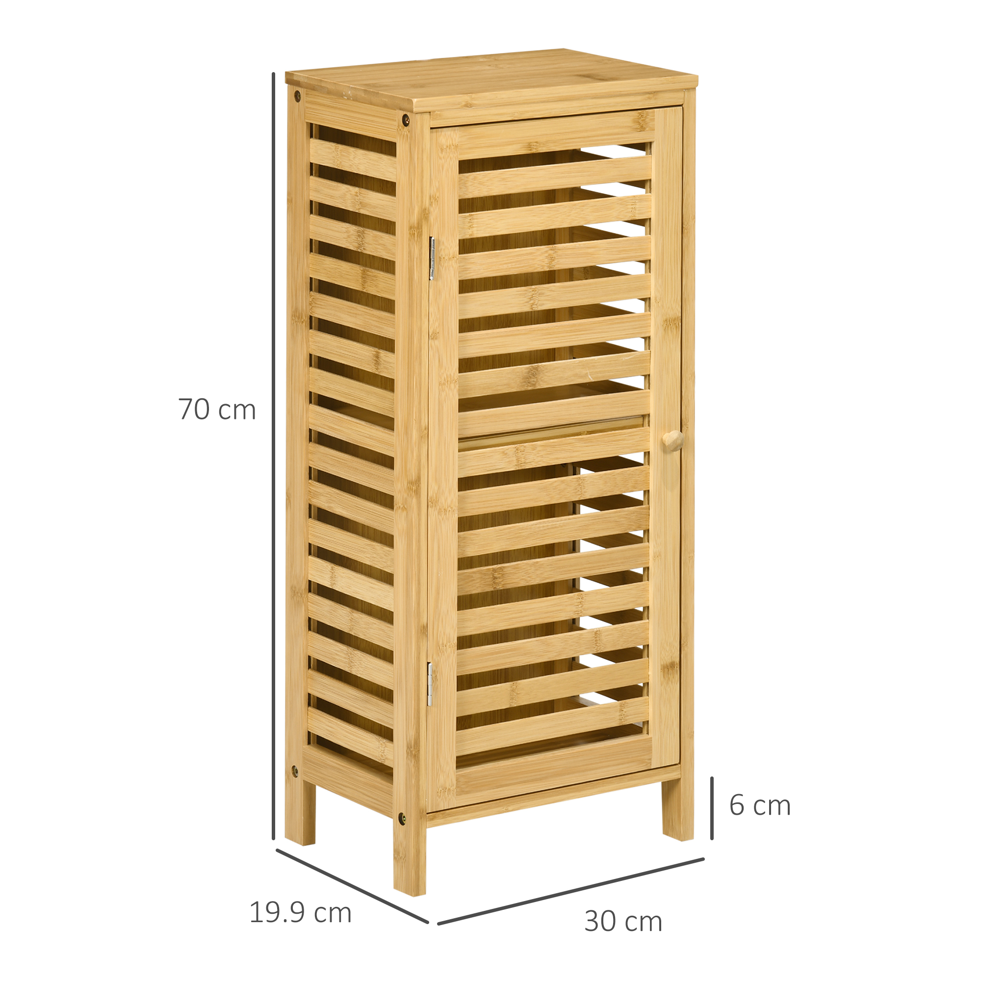Hoher, schmaler Bambusschrank. Lamellentür-Design. Maße: 70 cm hoch, 30 cm breit, 19,9 cm tief.