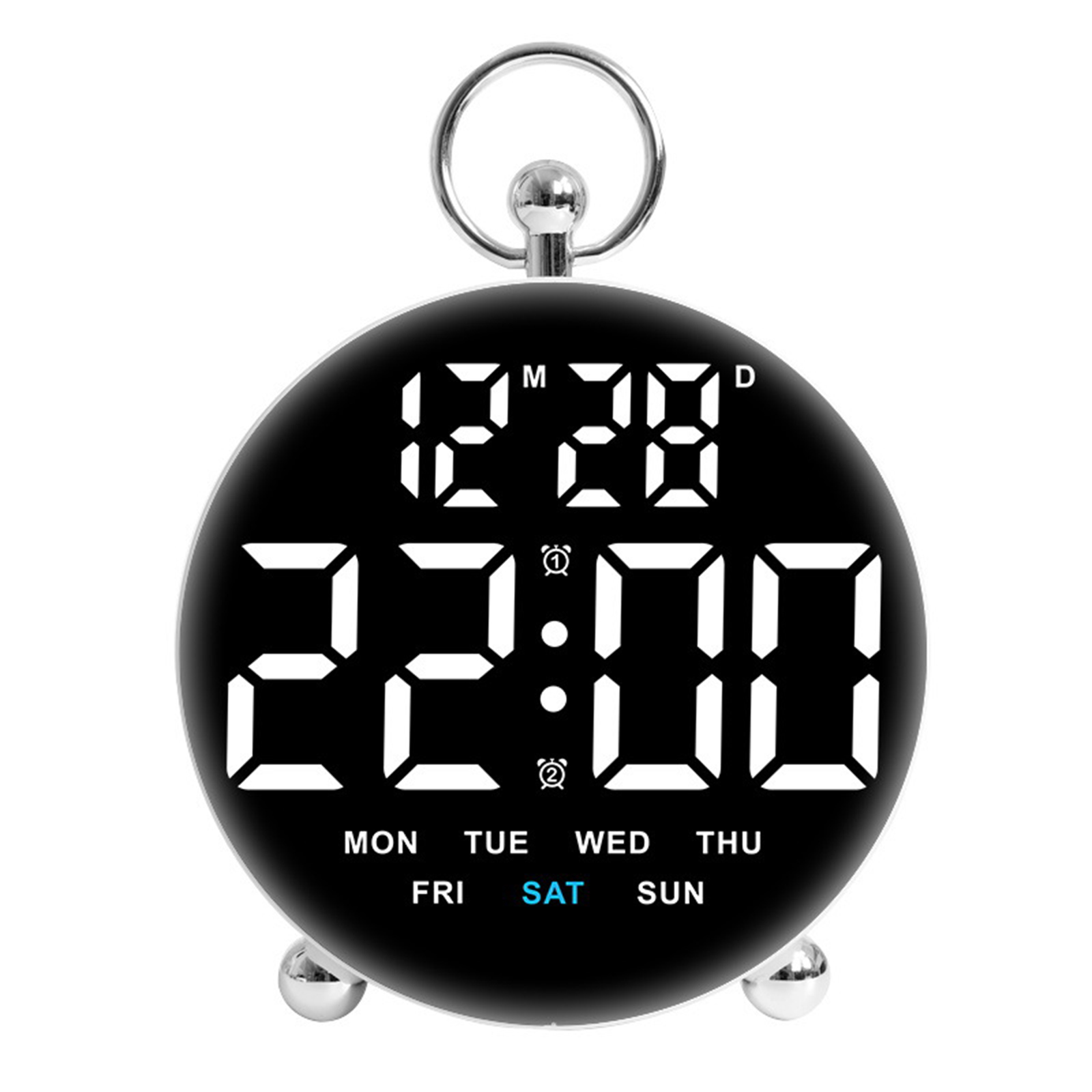 Eine runde, schwarze Digitaluhr mit der Anzeige 22:00. Sie hat eine weiße LED-Anzeige und eine silberne Schlaufe.