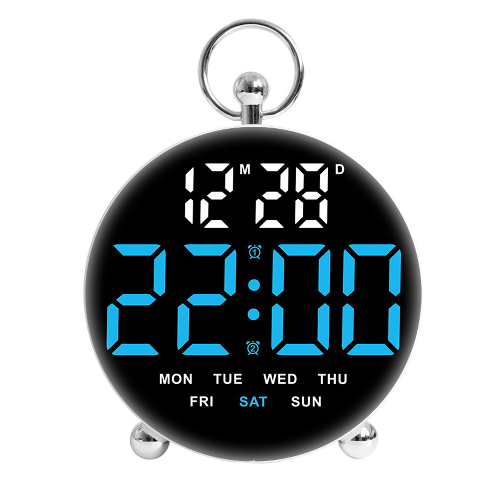 Eine runde, schwarze Digitaluhr mit der Anzeige 22:00. Sie hat eine blaue LED-Anzeige und eine silberne Schlaufe.