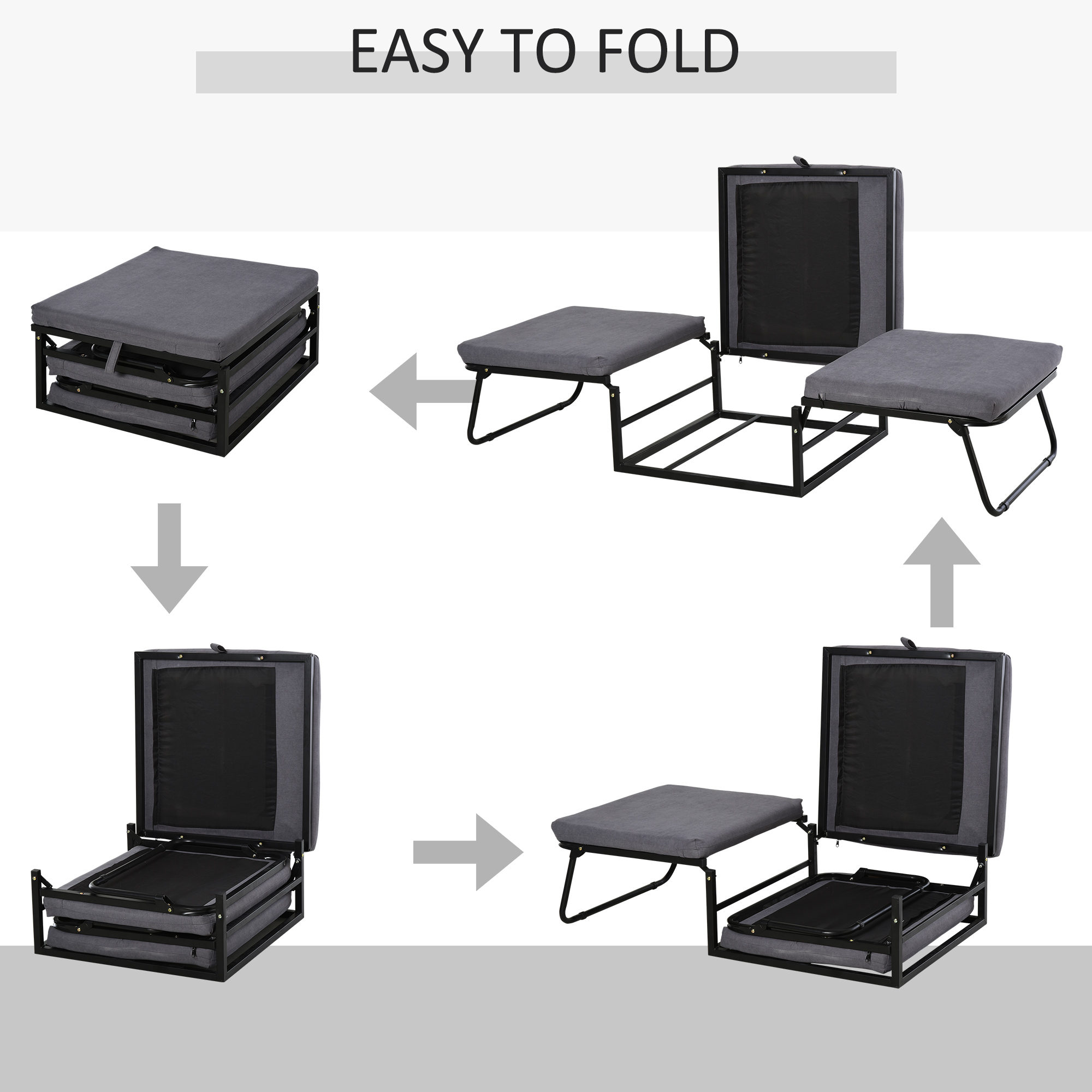 Diagramm, das zeigt, wie man das Bett faltet. Zeigt, wie man das Bett zu einem Hocker faltet.
