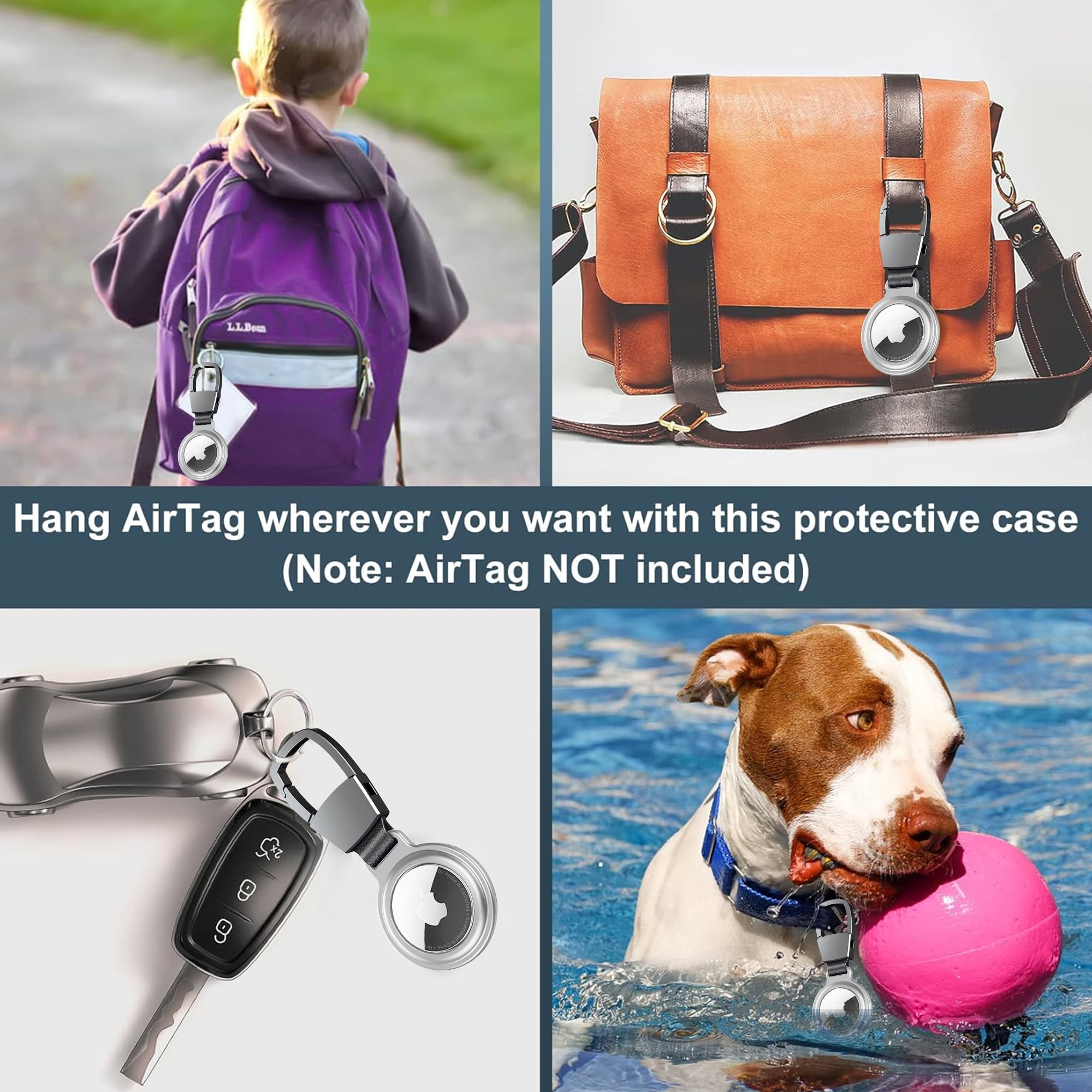AirTag an Gegenständen wie Rucksack, Tasche, Schlüsseln und Hundehalsband befestigt. Jedes Bild zeigt eine andere Verwendung.