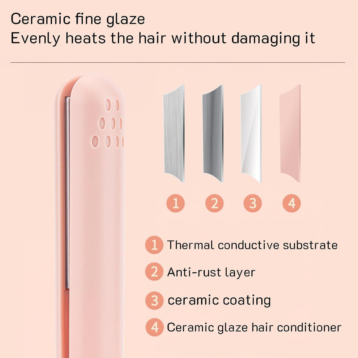 Pinkes Haarglätteisen, Schichten aus Keramikbeschichtung. Zeigt Teile: thermisches Substrat, Rostschutzschicht, Keramik.