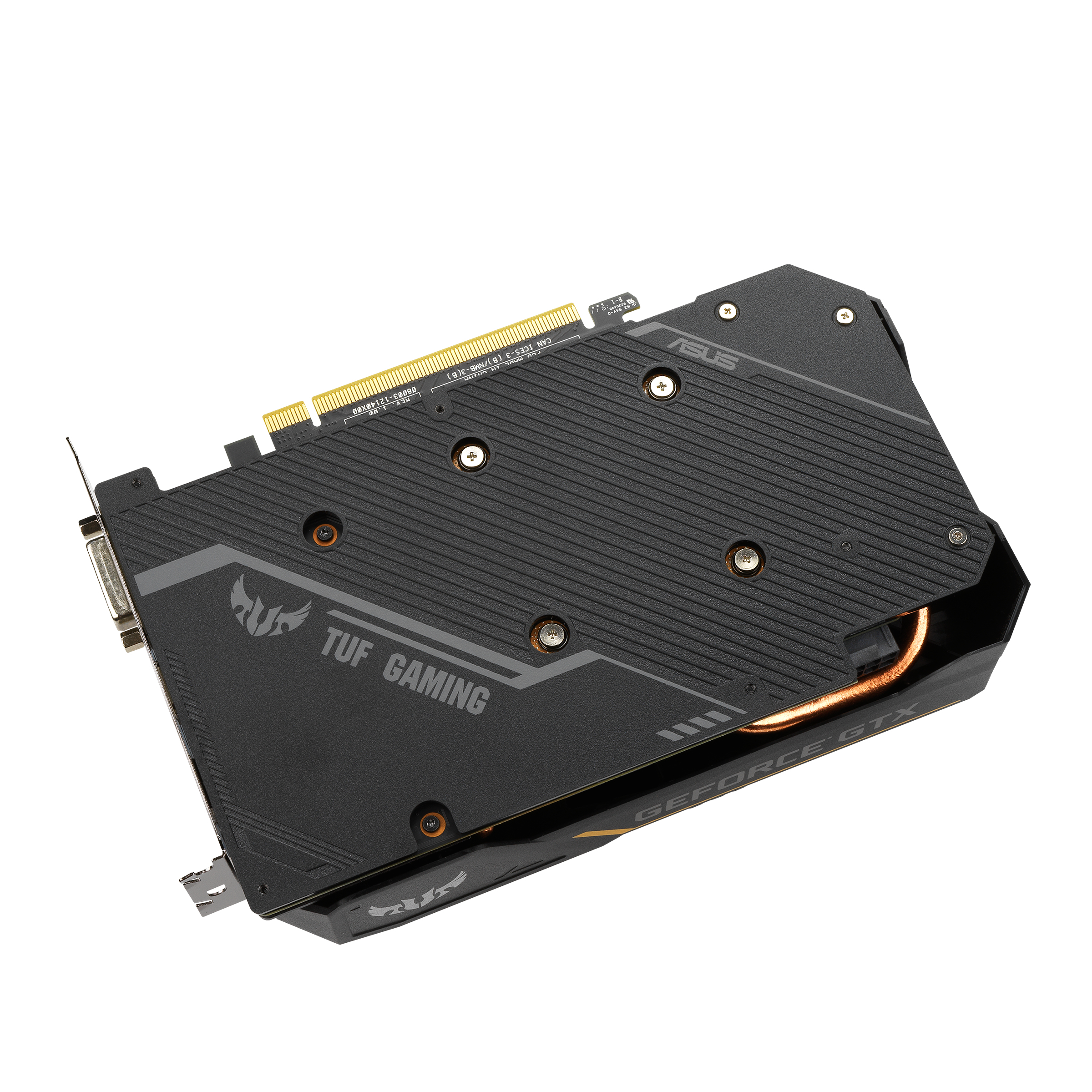 Scheda grafica nera ASUS TUF Gaming con ventola, testo 'GEFORCE GTX' visibile.