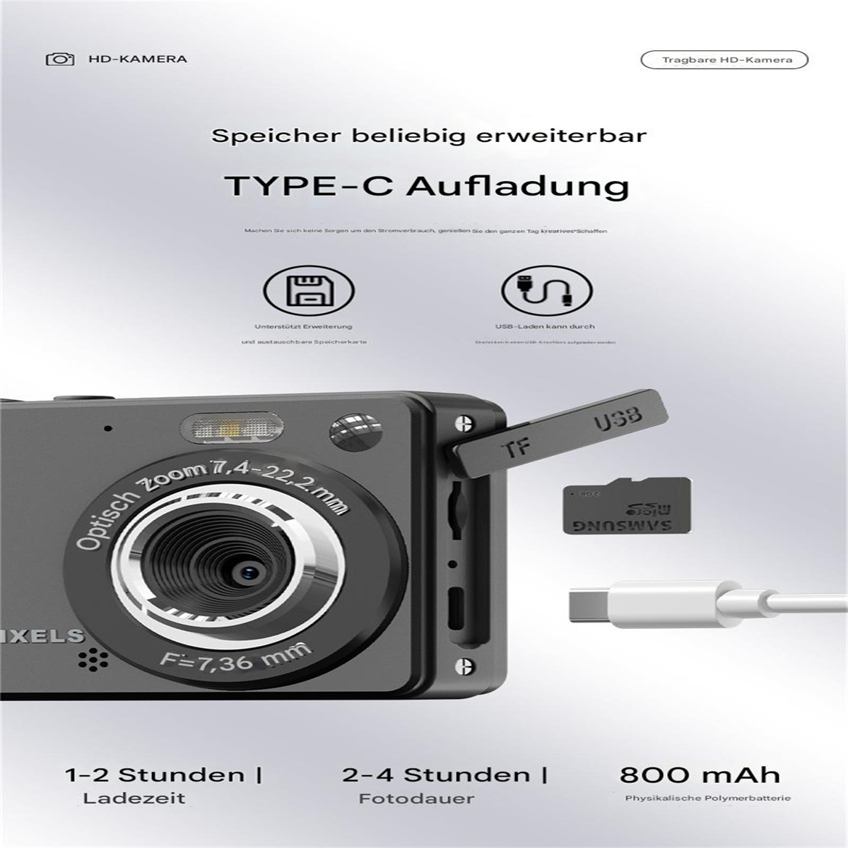 Schwarze Digitalkamera mit Linse, USB-Kabel, Speicherkarte und Text auf dem Bildschirm.