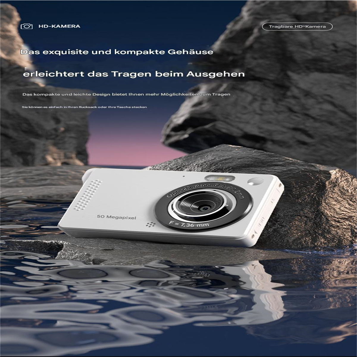 Weiße Digitalkamera auf Felsen, mit Linse und Text auf dem Bildschirm, vor Wasser.