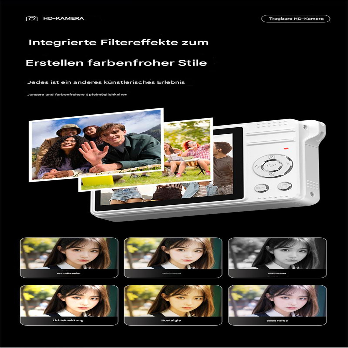Weiße Digitalkamera mit mehreren Bildfiltern und Bildern auf dem Bildschirm.