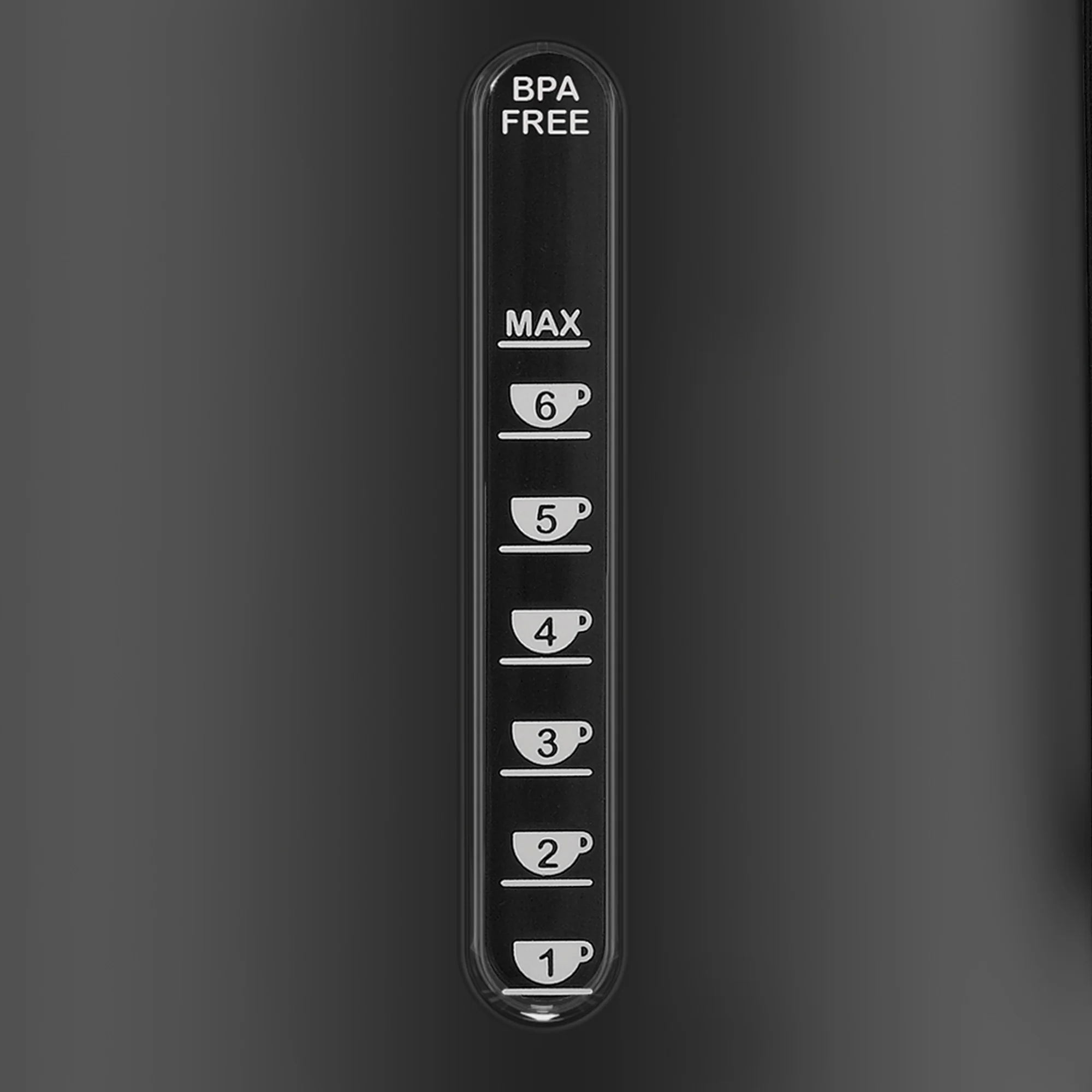 Schwarze Wasserstandsanzeige mit weißen Markierungen und den Worten 'BPA FREE'. Bechersymbole sind sichtbar.
