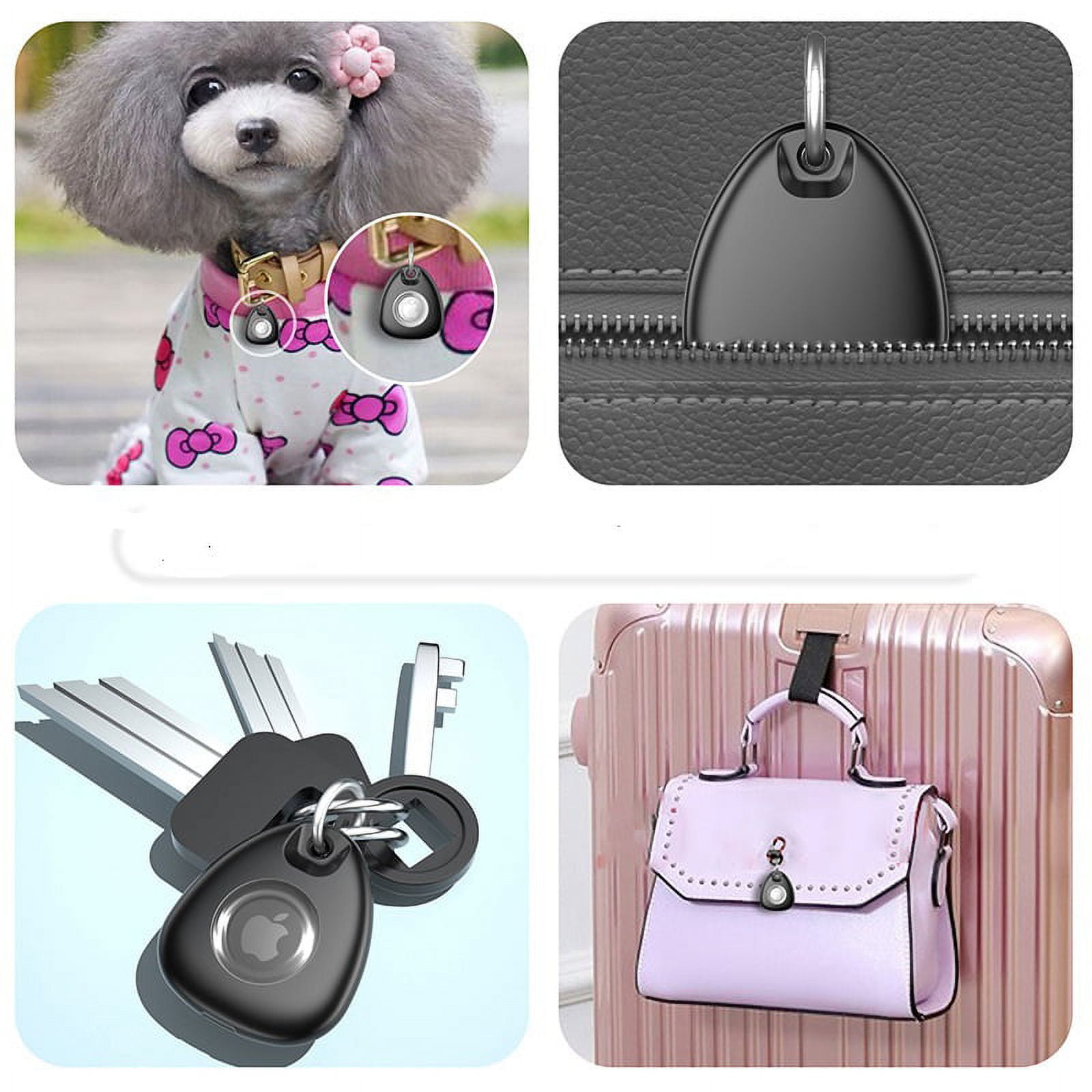 Vier Bilder: Hund mit Anhänger, Nahaufnahme Anhänger, Schlüssel mit Anhänger, Handtasche mit Anhänger.