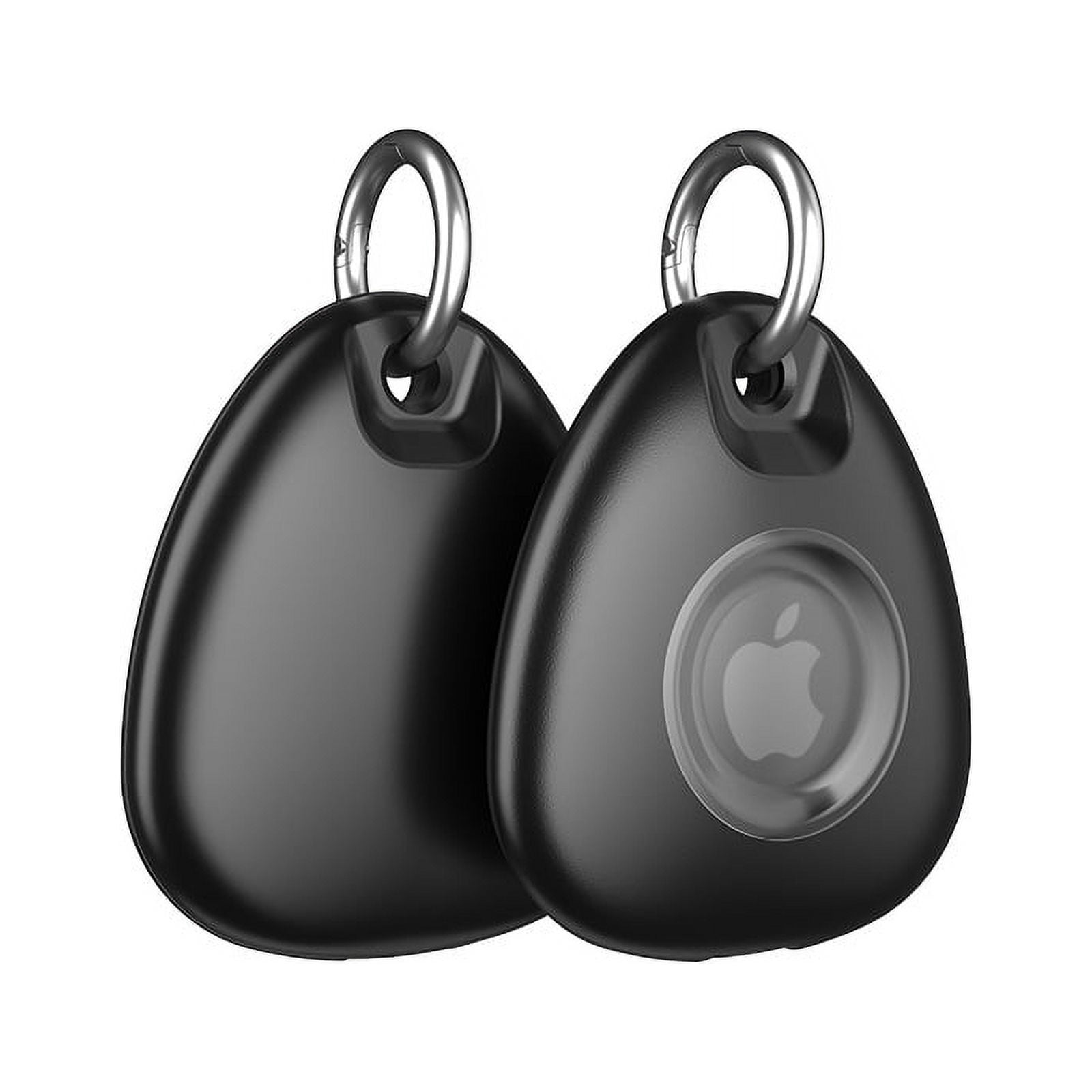 Zwei schwarze Apple AirTags mit silbernen Ringen, eines mit sichtbarem Apple-Logo.