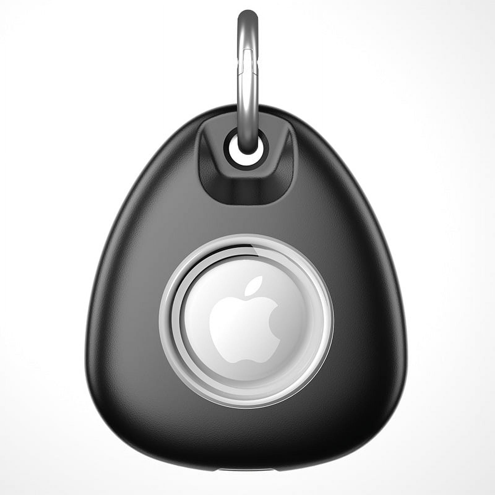 Schwarzes AirTag-Gehäuse mit silberner Schlaufe und weißem Apple-Logo. Es befindet sich auf weißem Hintergrund.