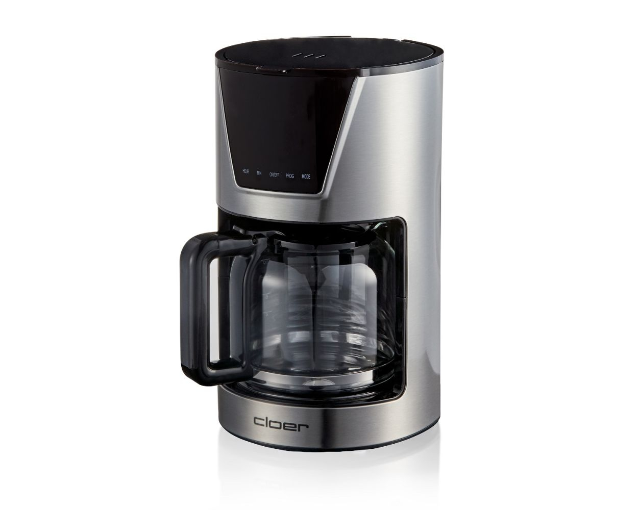 Ekspres do kawy ze stali nierdzewnej ze szklanym dzbankiem, czarnym uchwytem i przyciskami.